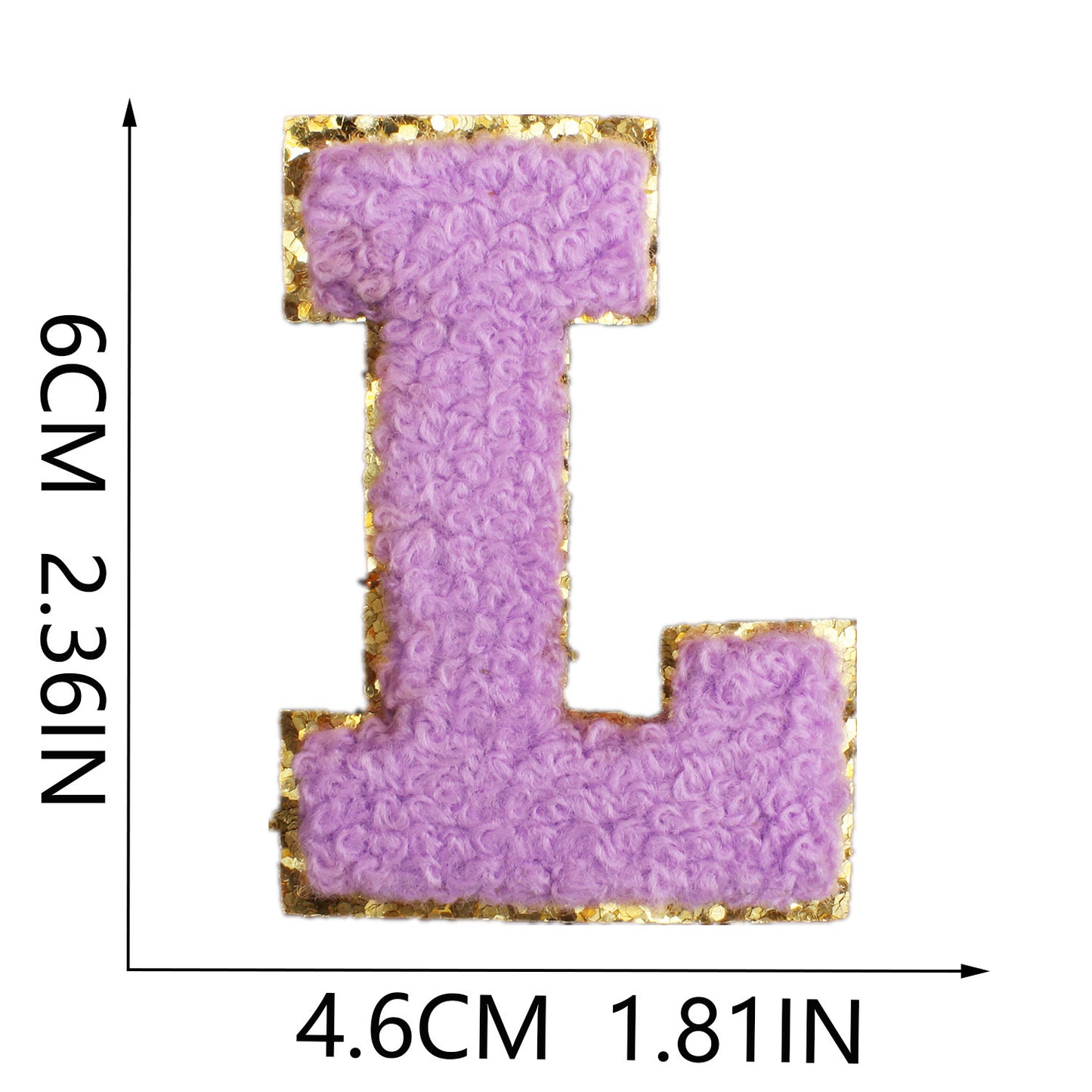 Iron-On Chenille Letter Patch – 6cm Tall, Purple Letter with Gold Glitter Edge