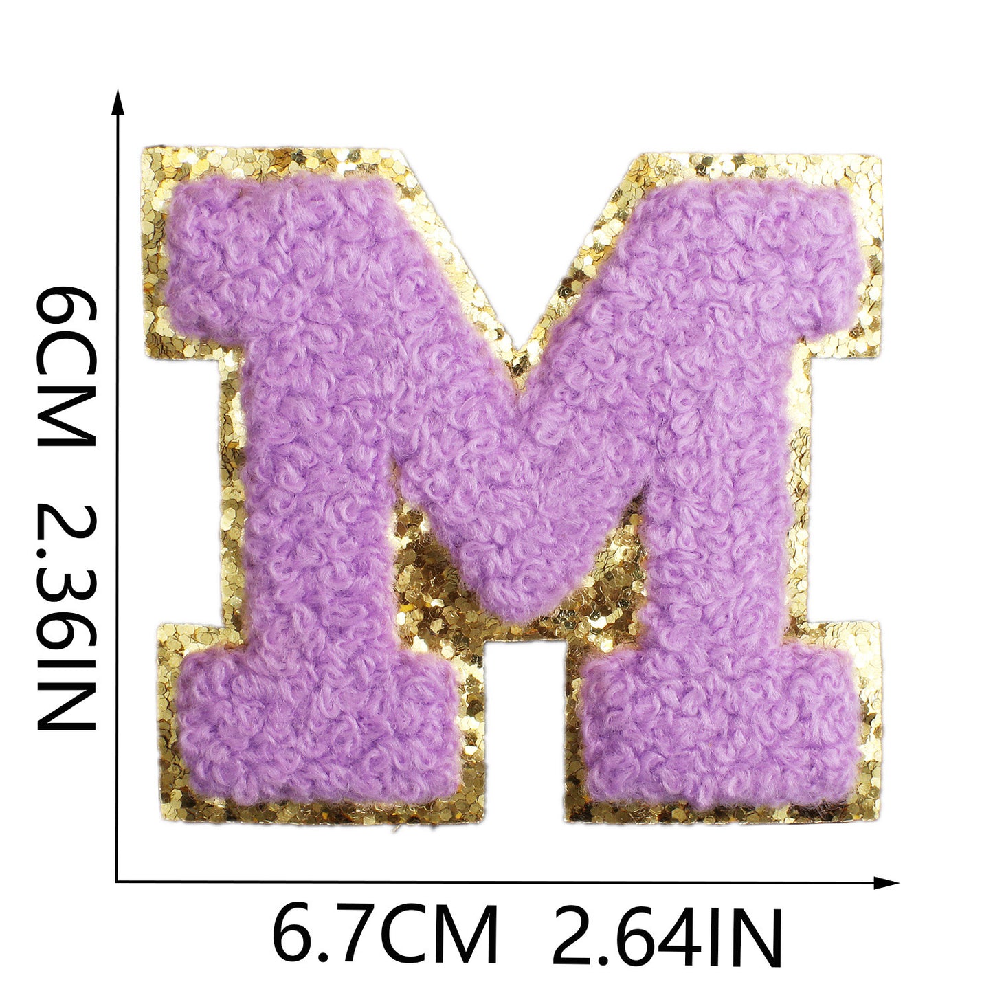 Iron-On Chenille Letter Patch – 6cm Tall, Purple Letter with Gold Glitter Edge