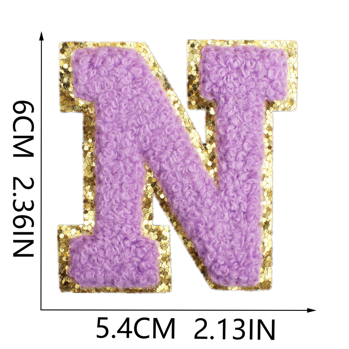 Iron-On Chenille Letter Patch – 6cm Tall, Purple Letter with Gold Glitter Edge