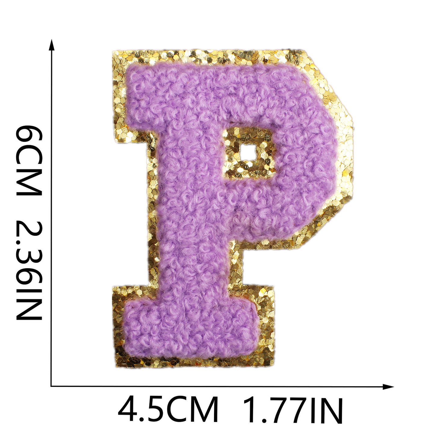 Iron-On Chenille Letter Patch – 6cm Tall, Purple Letter with Gold Glitter Edge