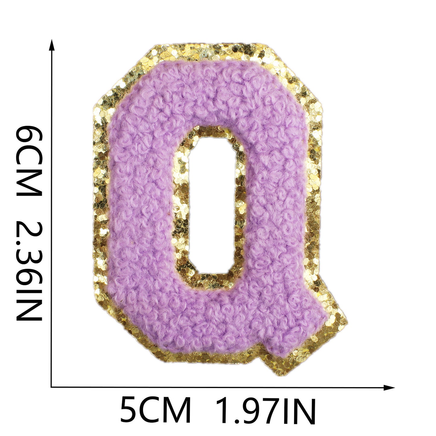 Iron-On Chenille Letter Patch – 6cm Tall, Purple Letter with Gold Glitter Edge