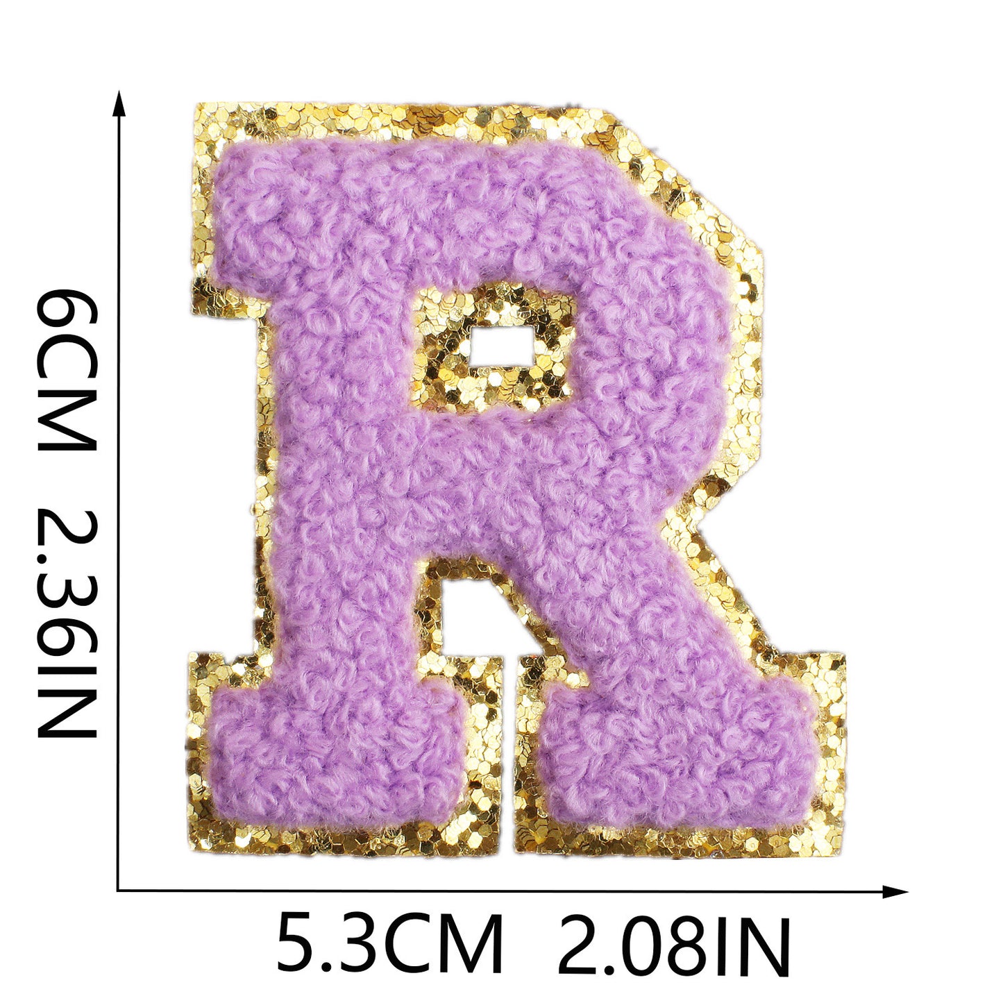 Iron-On Chenille Letter Patch – 6cm Tall, Purple Letter with Gold Glitter Edge