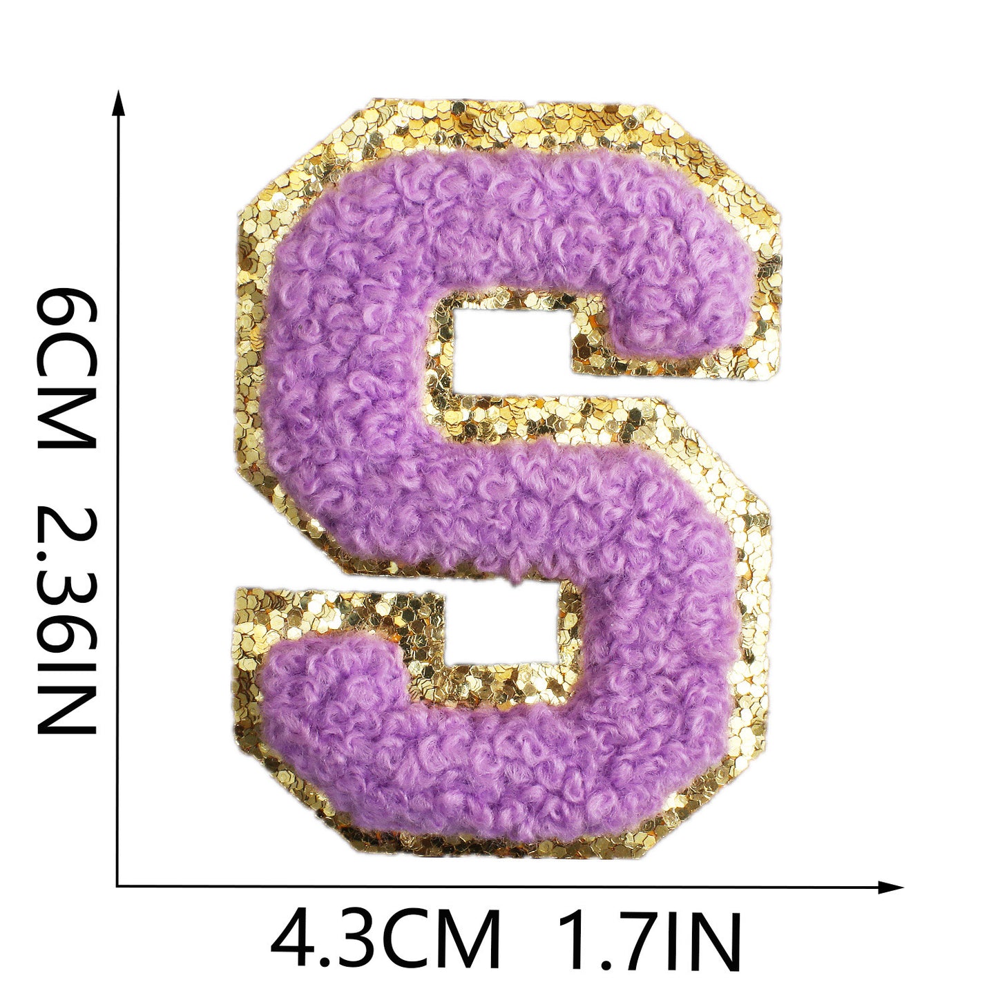 Iron-On Chenille Letter Patch – 6cm Tall, Purple Letter with Gold Glitter Edge
