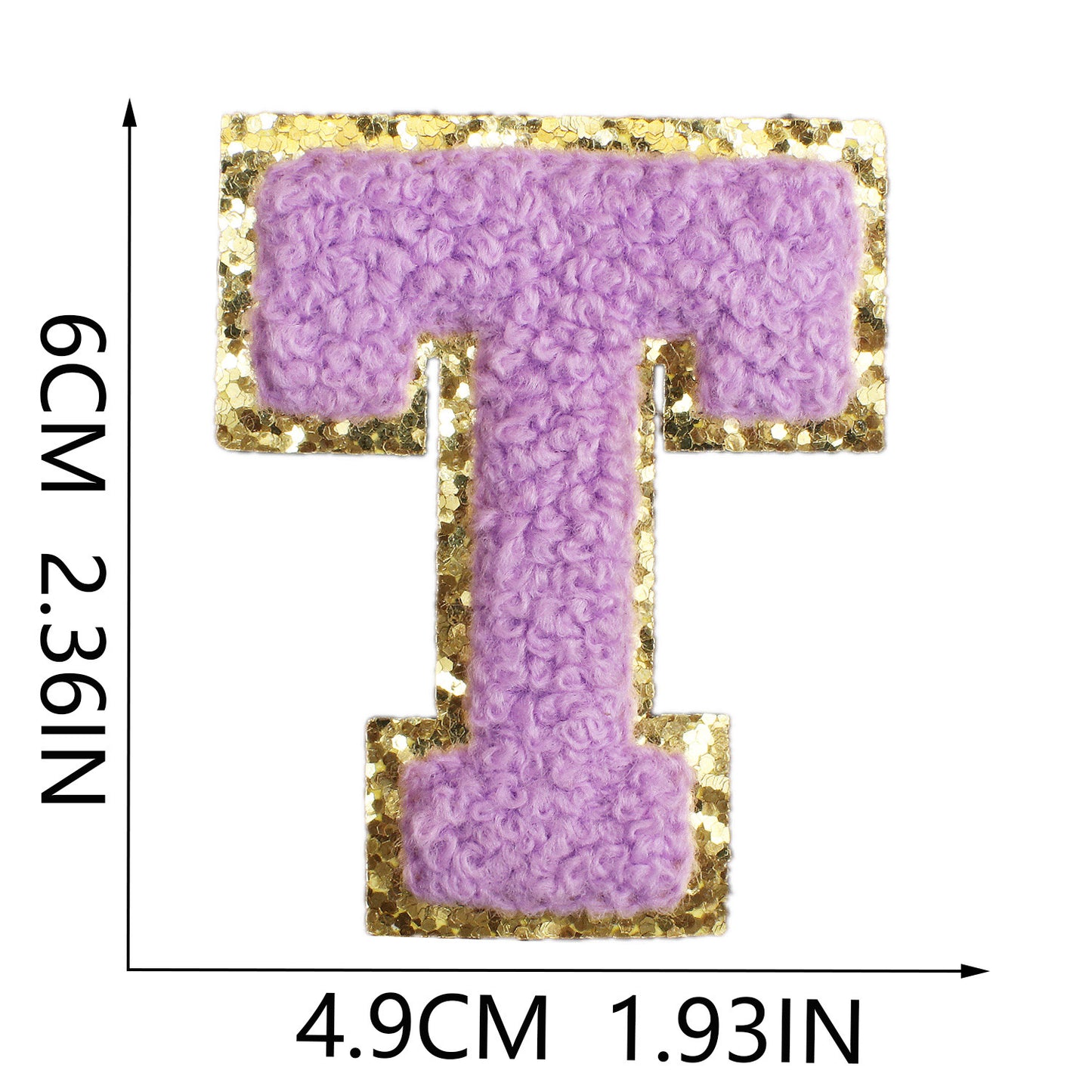 Iron-On Chenille Letter Patch – 6cm Tall, Purple Letter with Gold Glitter Edge