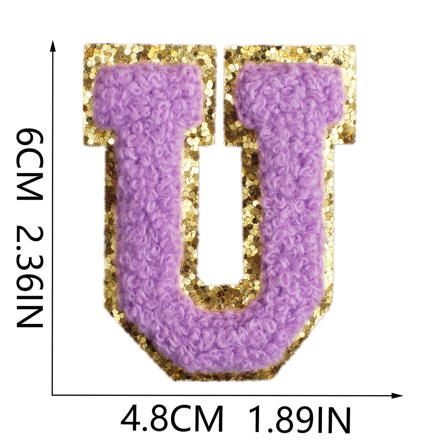 Iron-On Chenille Letter Patch – 6cm Tall, Purple Letter with Gold Glitter Edge