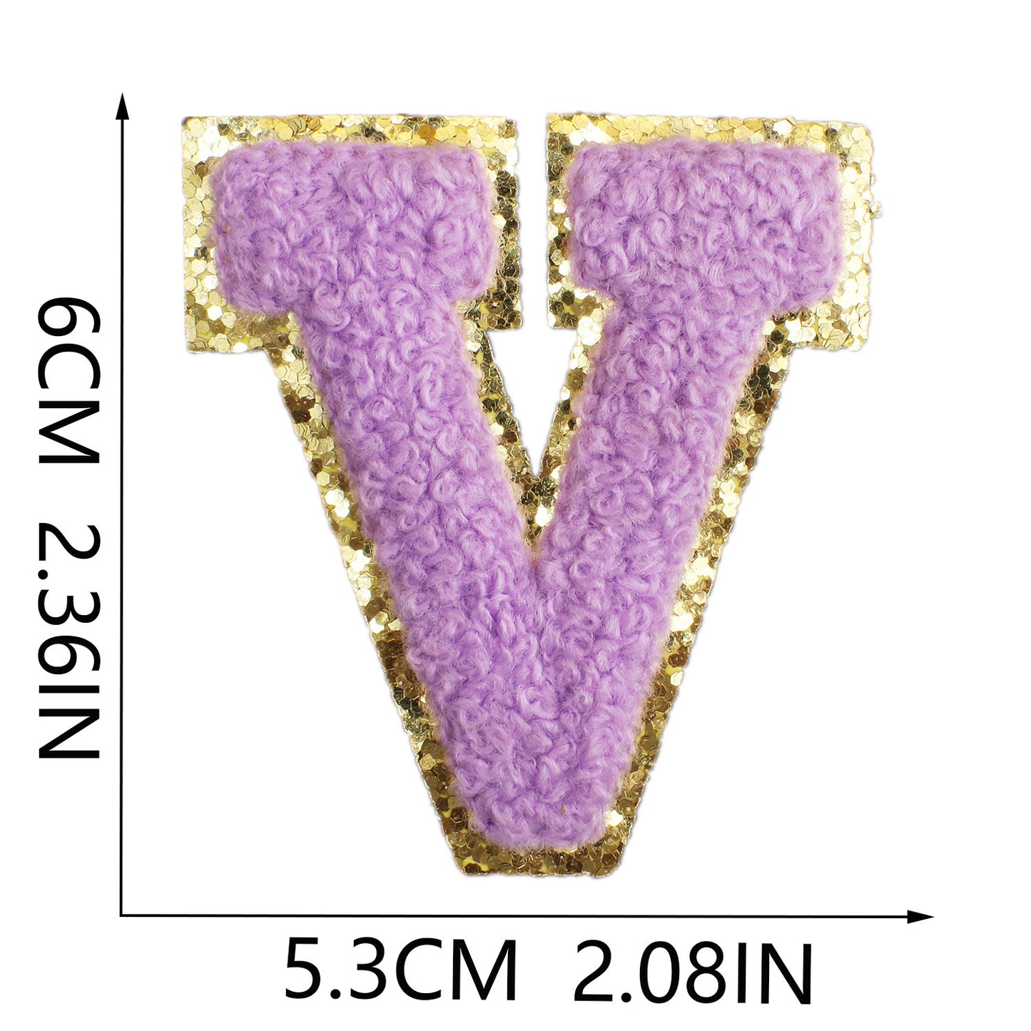 Iron-On Chenille Letter Patch – 6cm Tall, Purple Letter with Gold Glitter Edge
