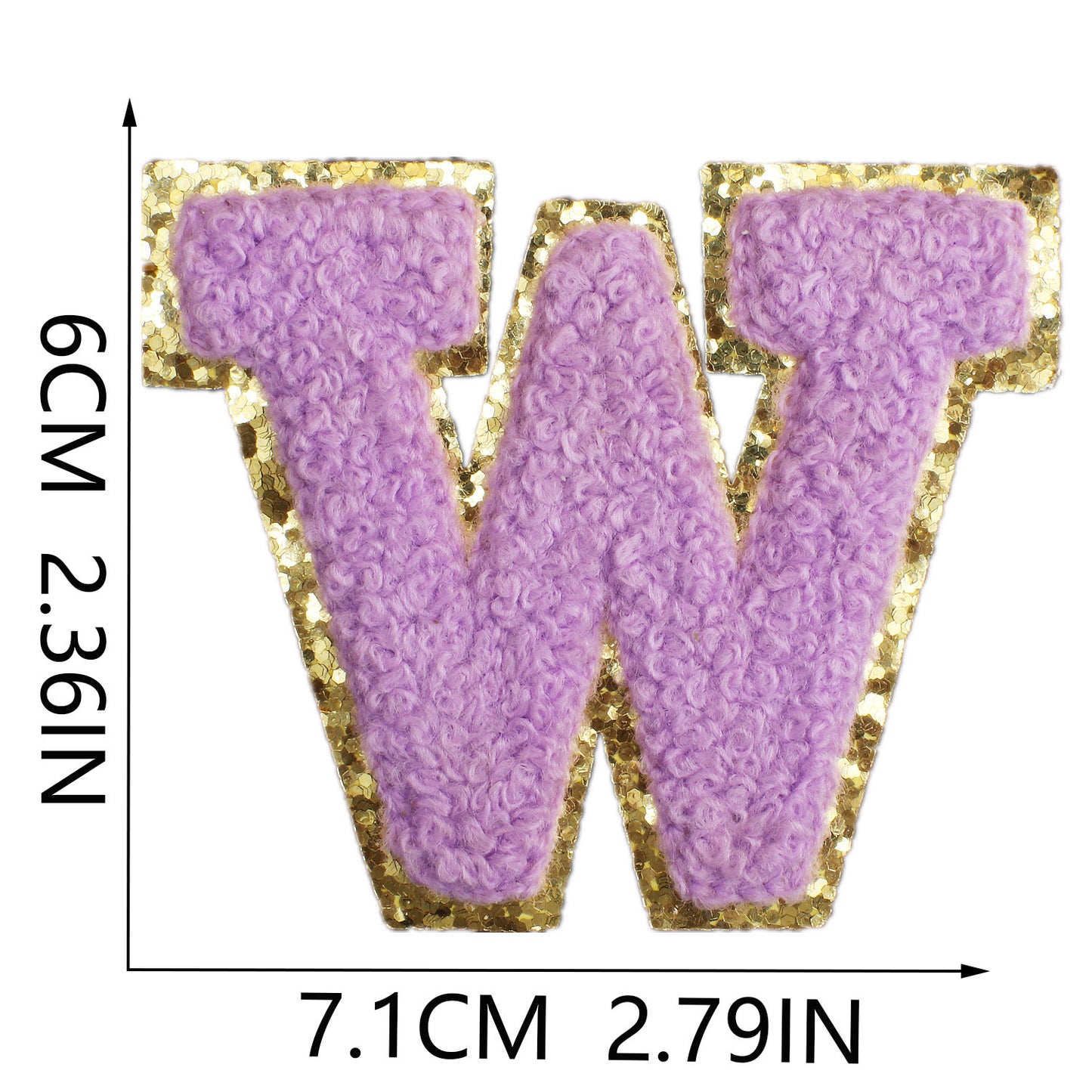 Iron-On Chenille Letter Patch – 6cm Tall, Purple Letter with Gold Glitter Edge