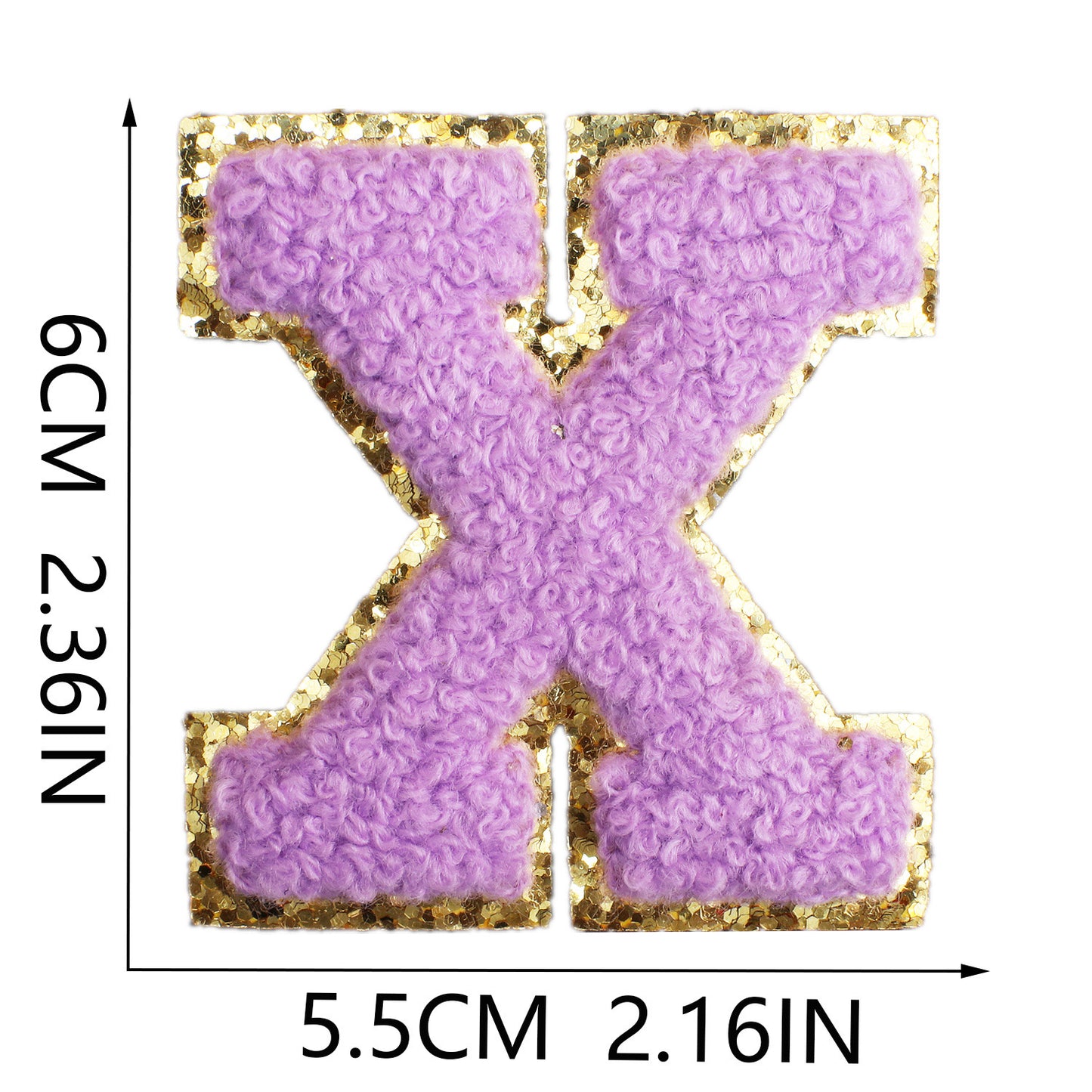 Iron-On Chenille Letter Patch – 6cm Tall, Purple Letter with Gold Glitter Edge