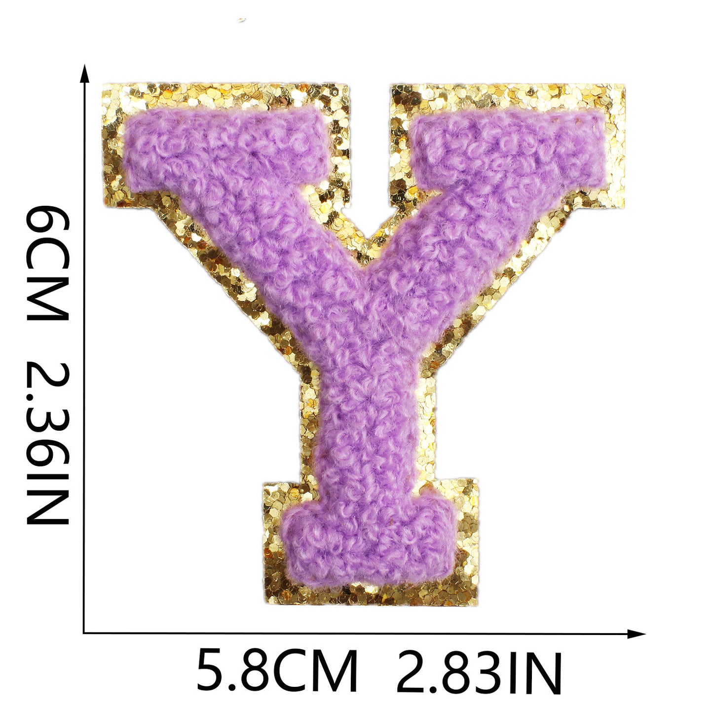 Iron-On Chenille Letter Patch – 6cm Tall, Purple Letter with Gold Glitter Edge