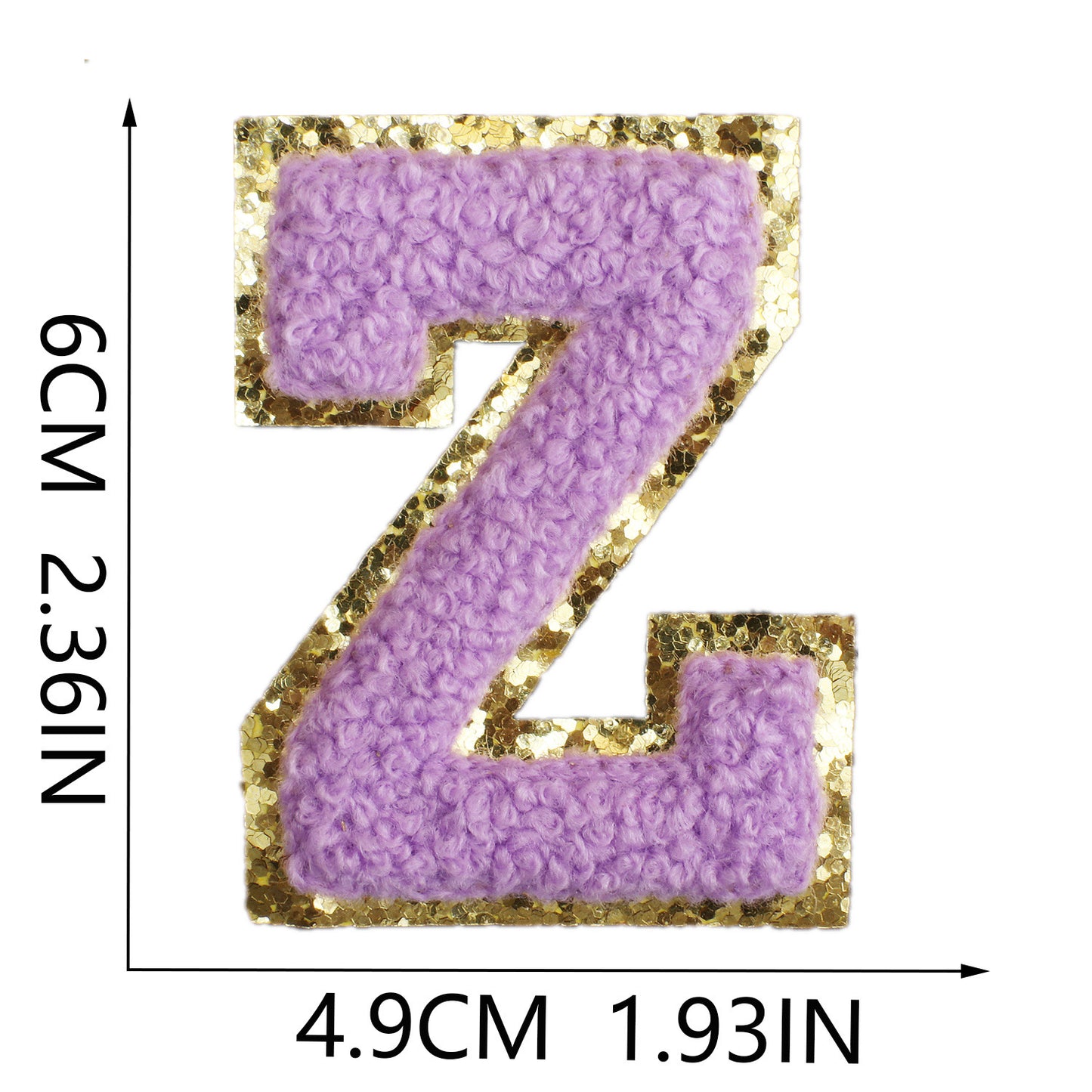 Iron-On Chenille Letter Patch – 6cm Tall, Purple Letter with Gold Glitter Edge