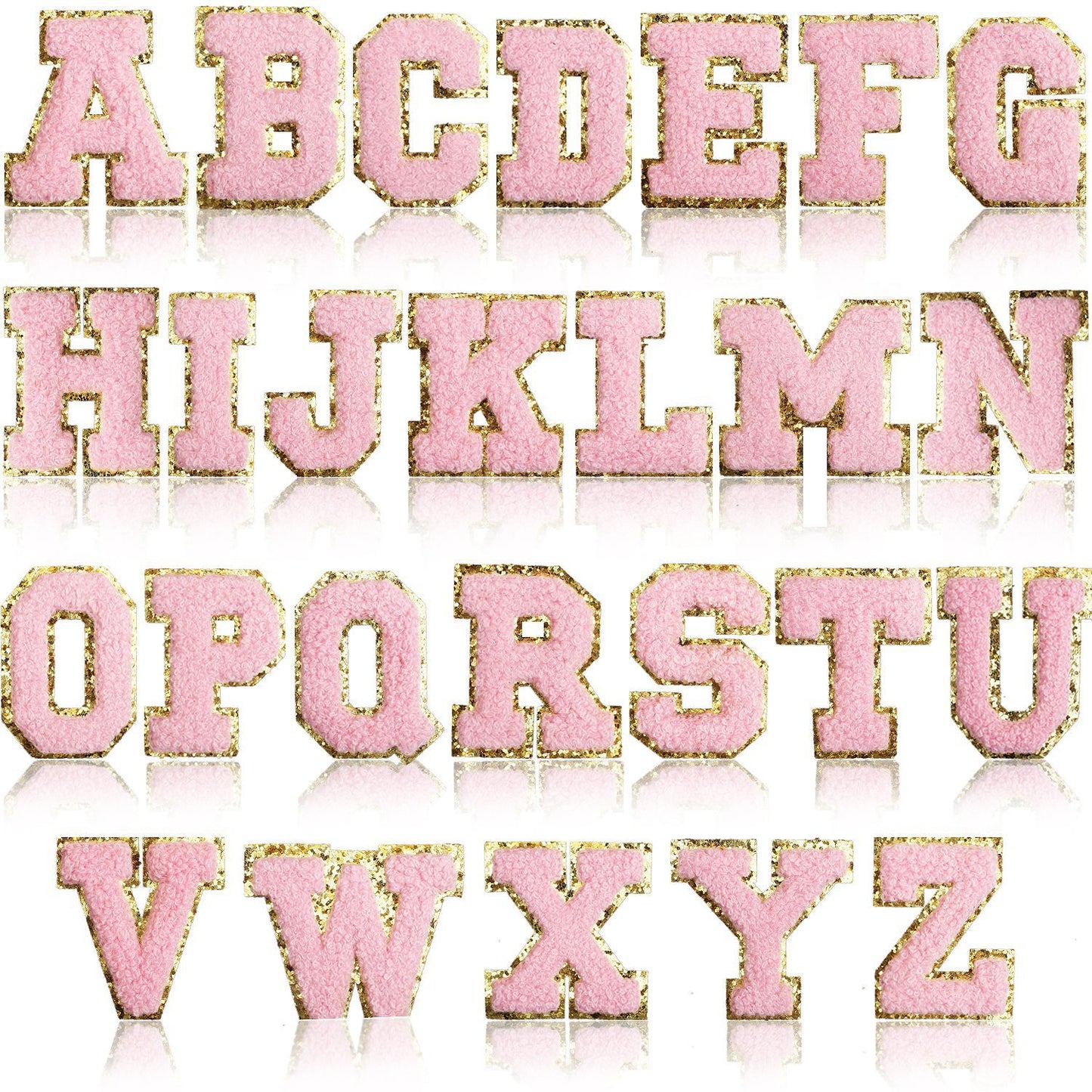 Iron-On Chenille Letter Patch – 6cm Tall, Pink Letter with Gold Glitter Edge