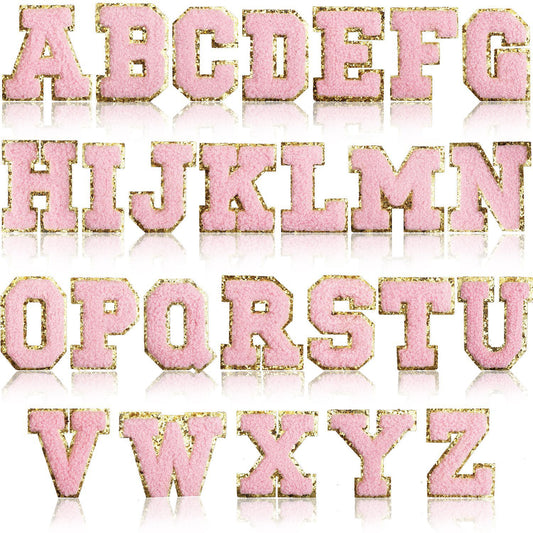 Iron-On Chenille Letter Patch – 6cm Tall, Pink Letter with Gold Glitter Edge