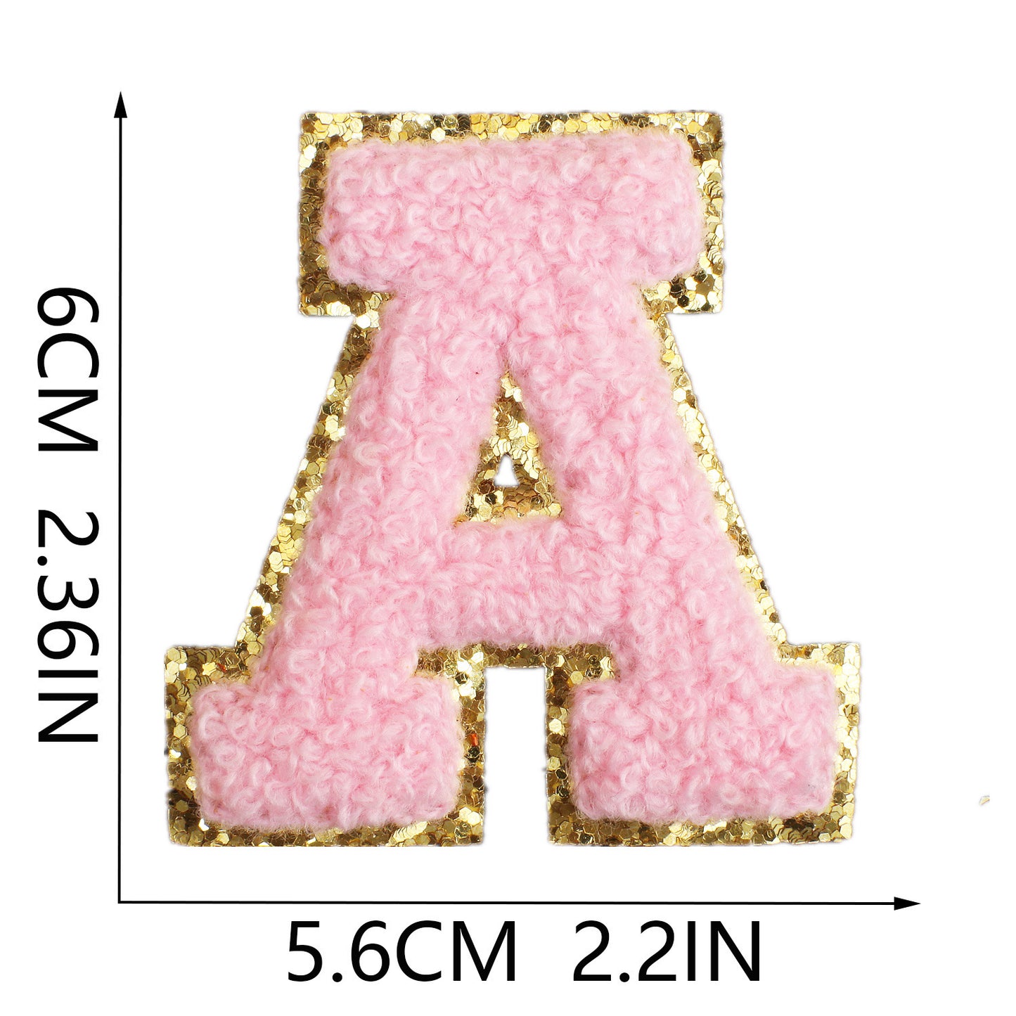 Iron-On Chenille Letter Patch – 6cm Tall, Pink Letter with Gold Glitter Edge
