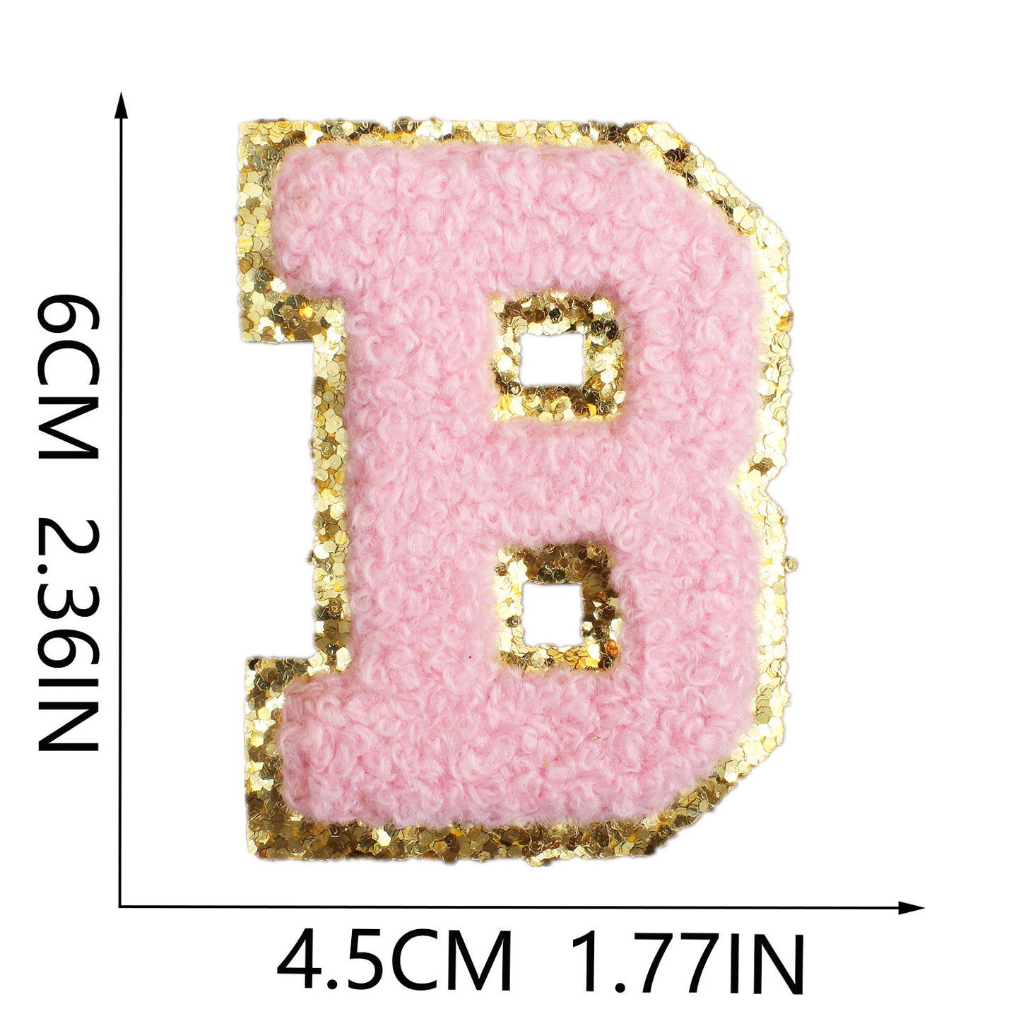 Iron-On Chenille Letter Patch – 6cm Tall, Pink Letter with Gold Glitter Edge