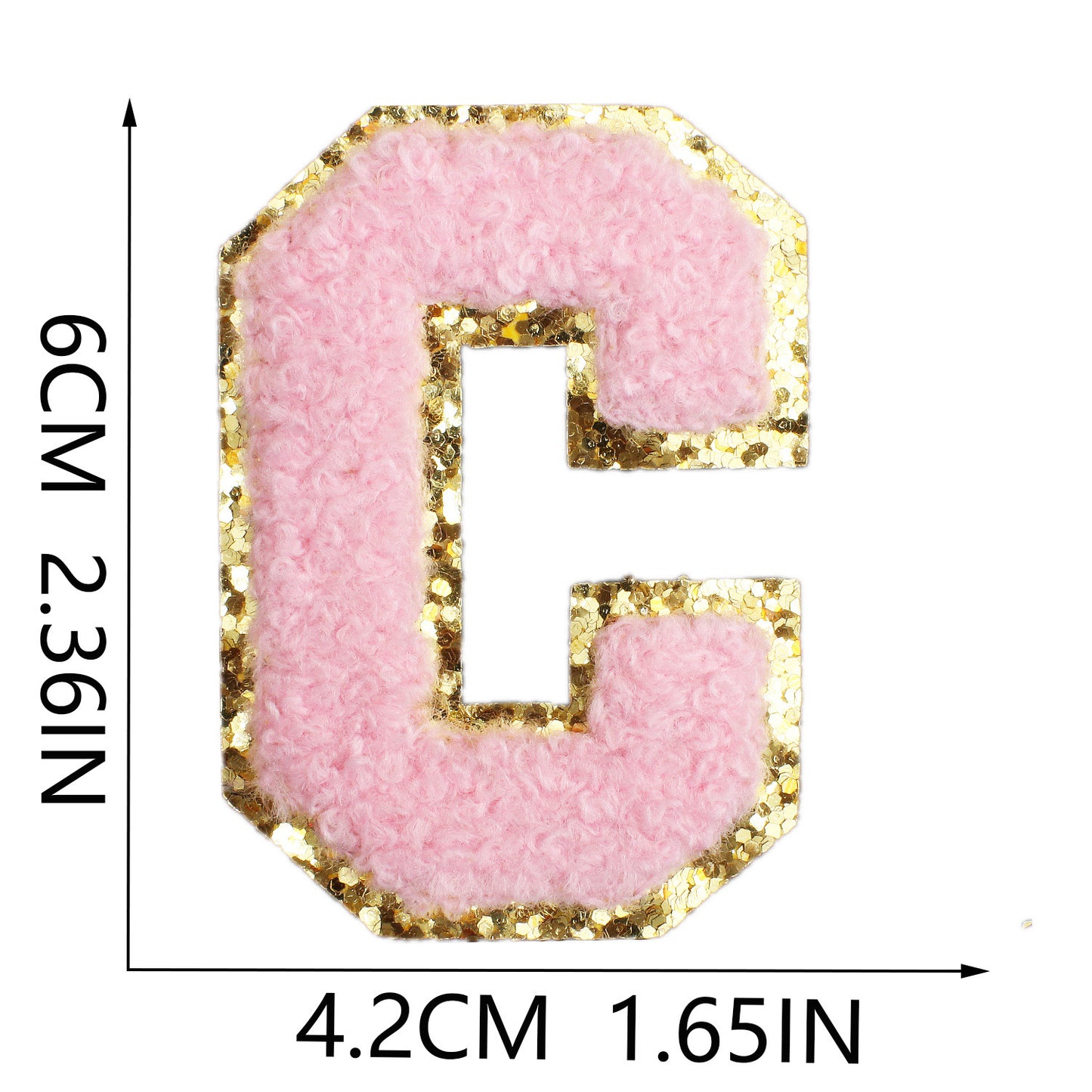 Iron-On Chenille Letter Patch – 6cm Tall, Pink Letter with Gold Glitter Edge