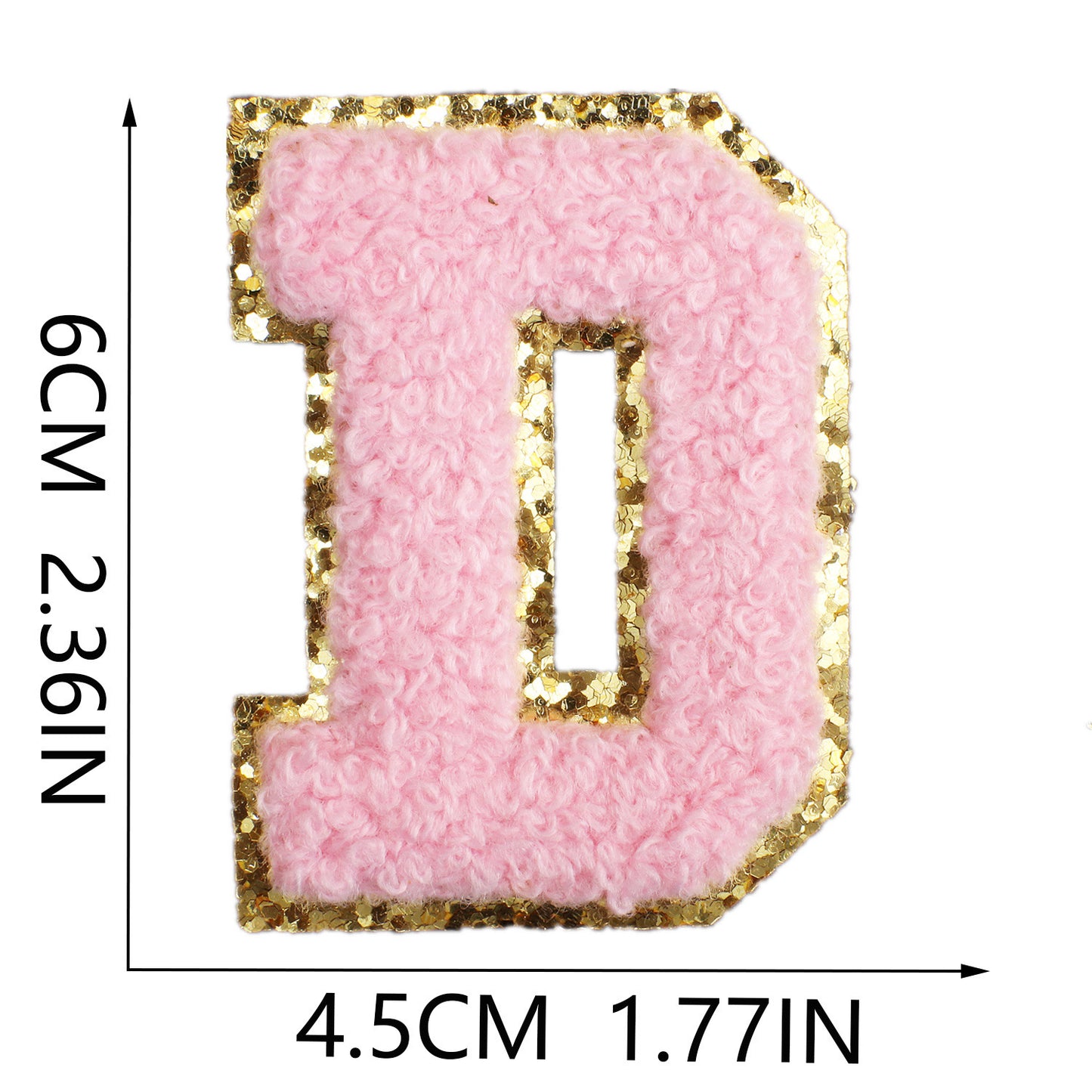 Iron-On Chenille Letter Patch – 6cm Tall, Pink Letter with Gold Glitter Edge