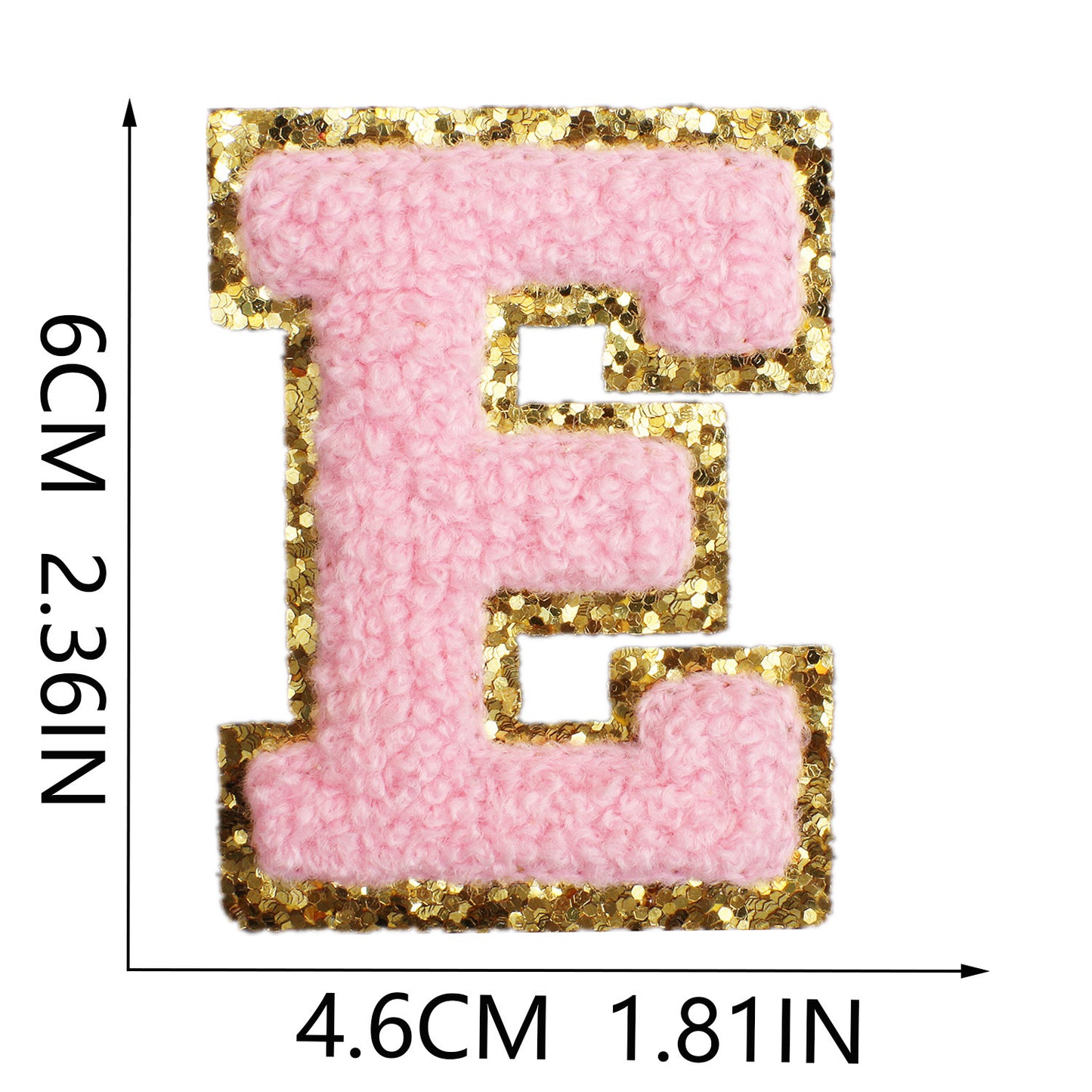 Iron-On Chenille Letter Patch – 6cm Tall, Pink Letter with Gold Glitter Edge