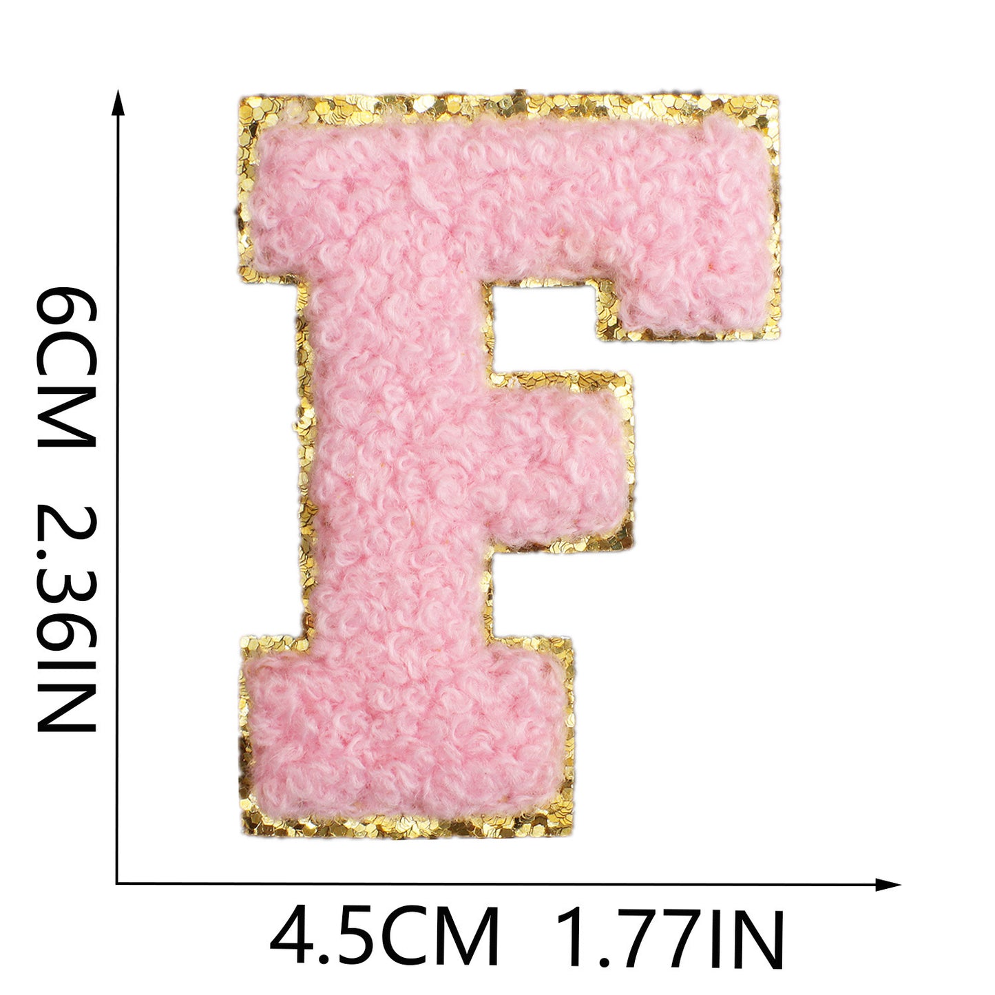 Iron-On Chenille Letter Patch – 6cm Tall, Pink Letter with Gold Glitter Edge