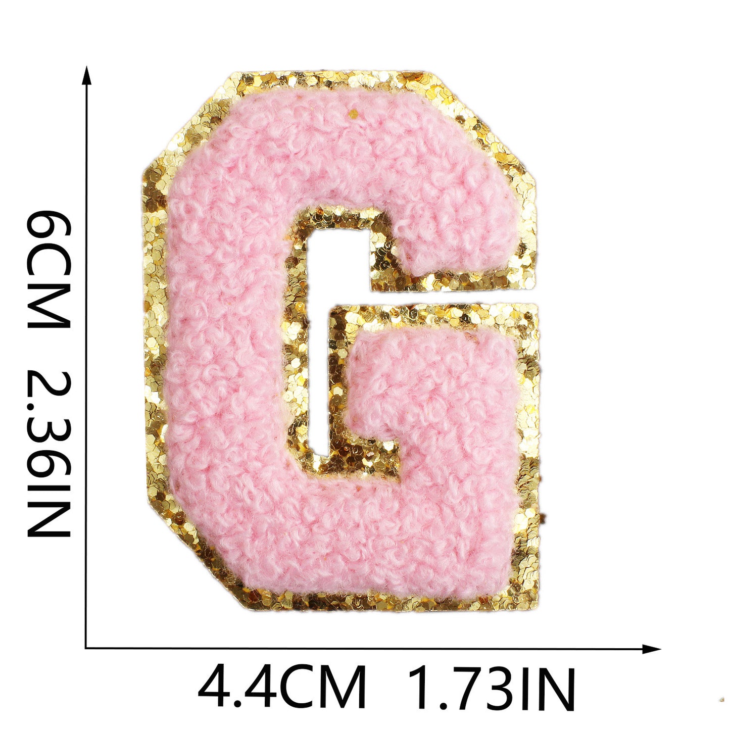 Iron-On Chenille Letter Patch – 6cm Tall, Pink Letter with Gold Glitter Edge