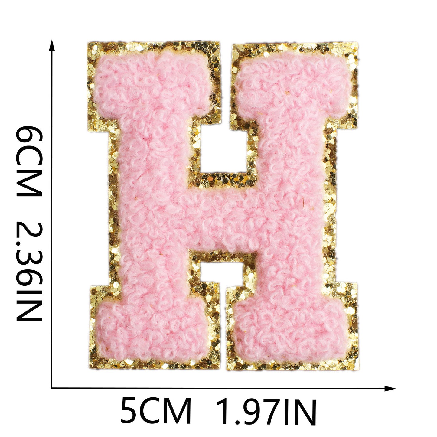 Iron-On Chenille Letter Patch – 6cm Tall, Pink Letter with Gold Glitter Edge