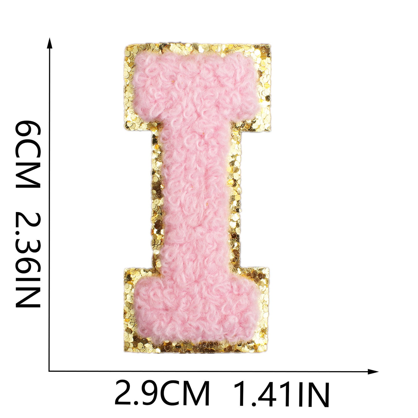 Iron-On Chenille Letter Patch – 6cm Tall, Pink Letter with Gold Glitter Edge