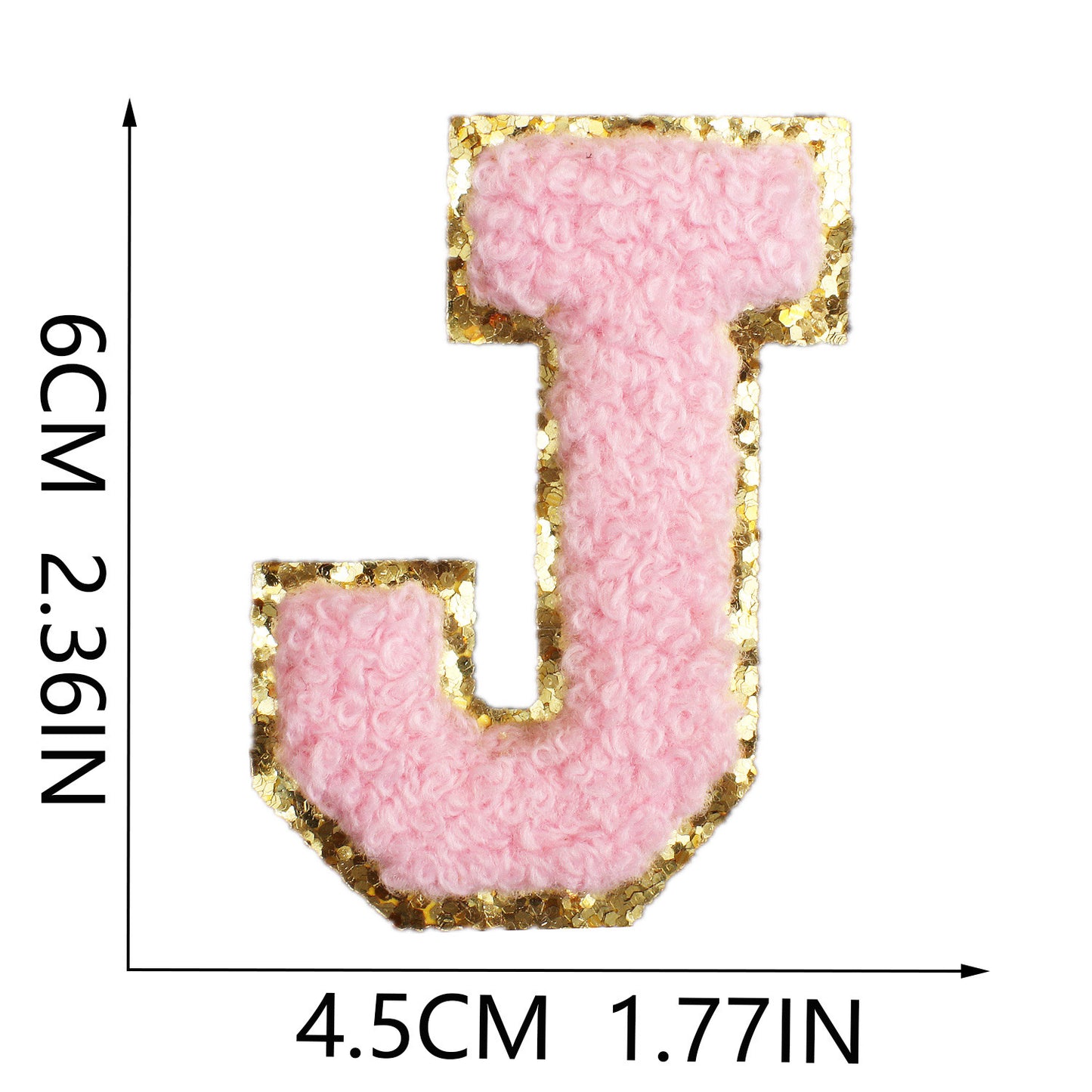 Iron-On Chenille Letter Patch – 6cm Tall, Pink Letter with Gold Glitter Edge