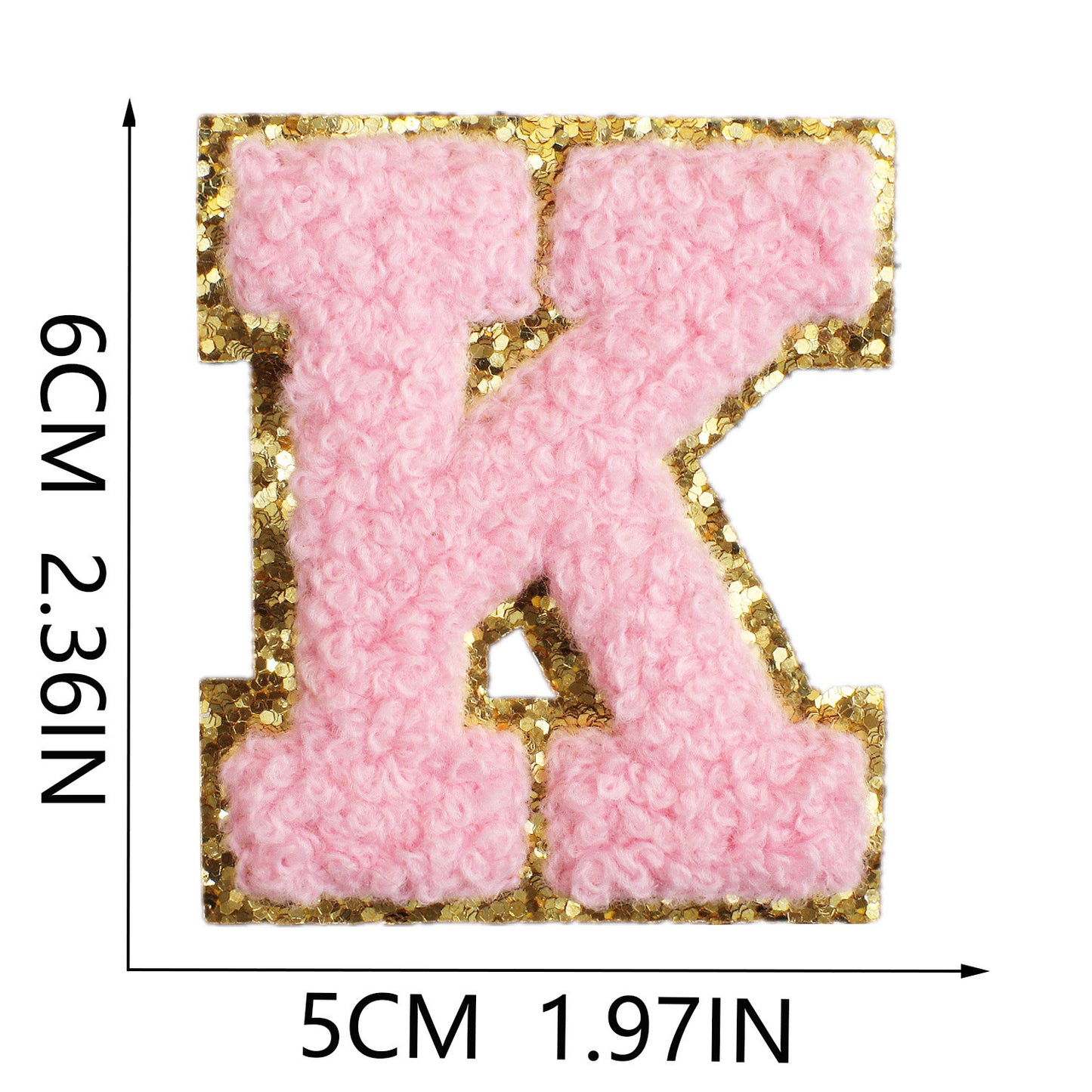 Iron-On Chenille Letter Patch – 6cm Tall, Pink Letter with Gold Glitter Edge