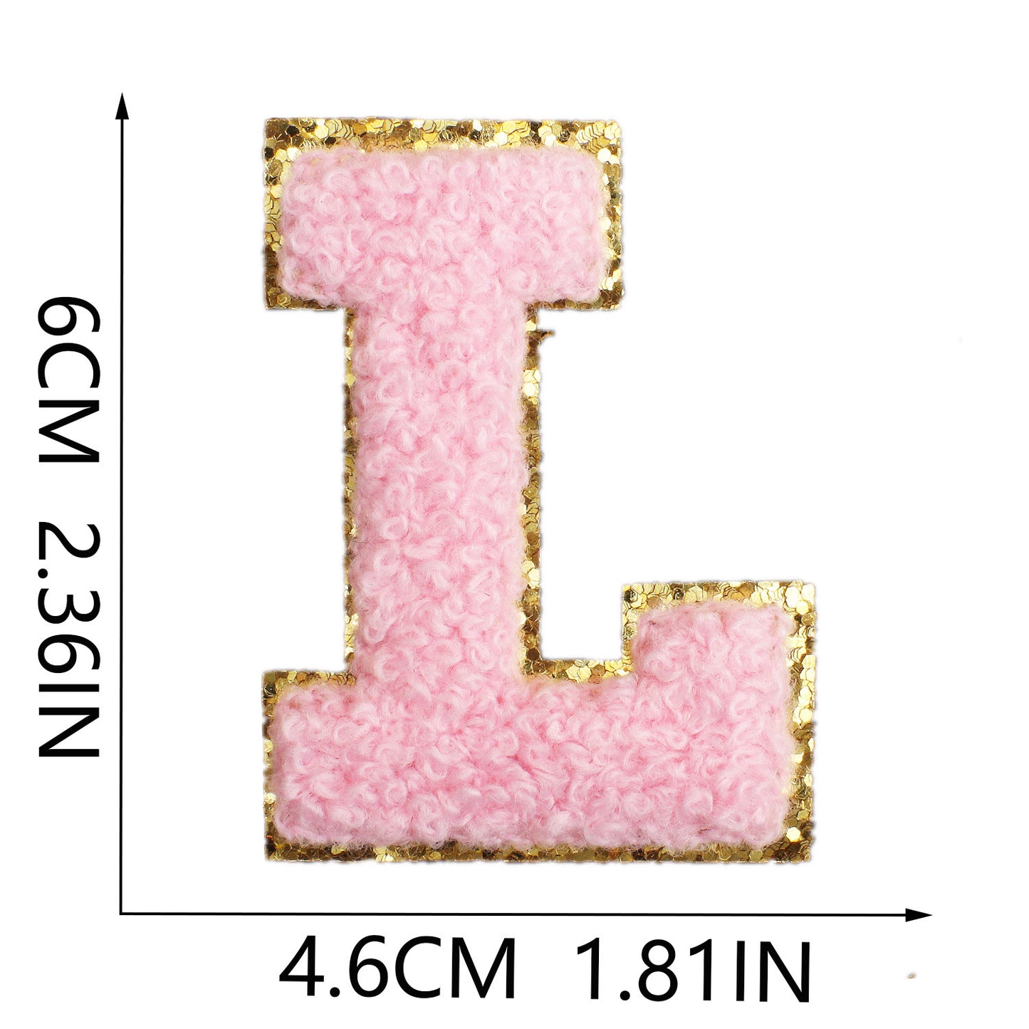 Iron-On Chenille Letter Patch – 6cm Tall, Pink Letter with Gold Glitter Edge