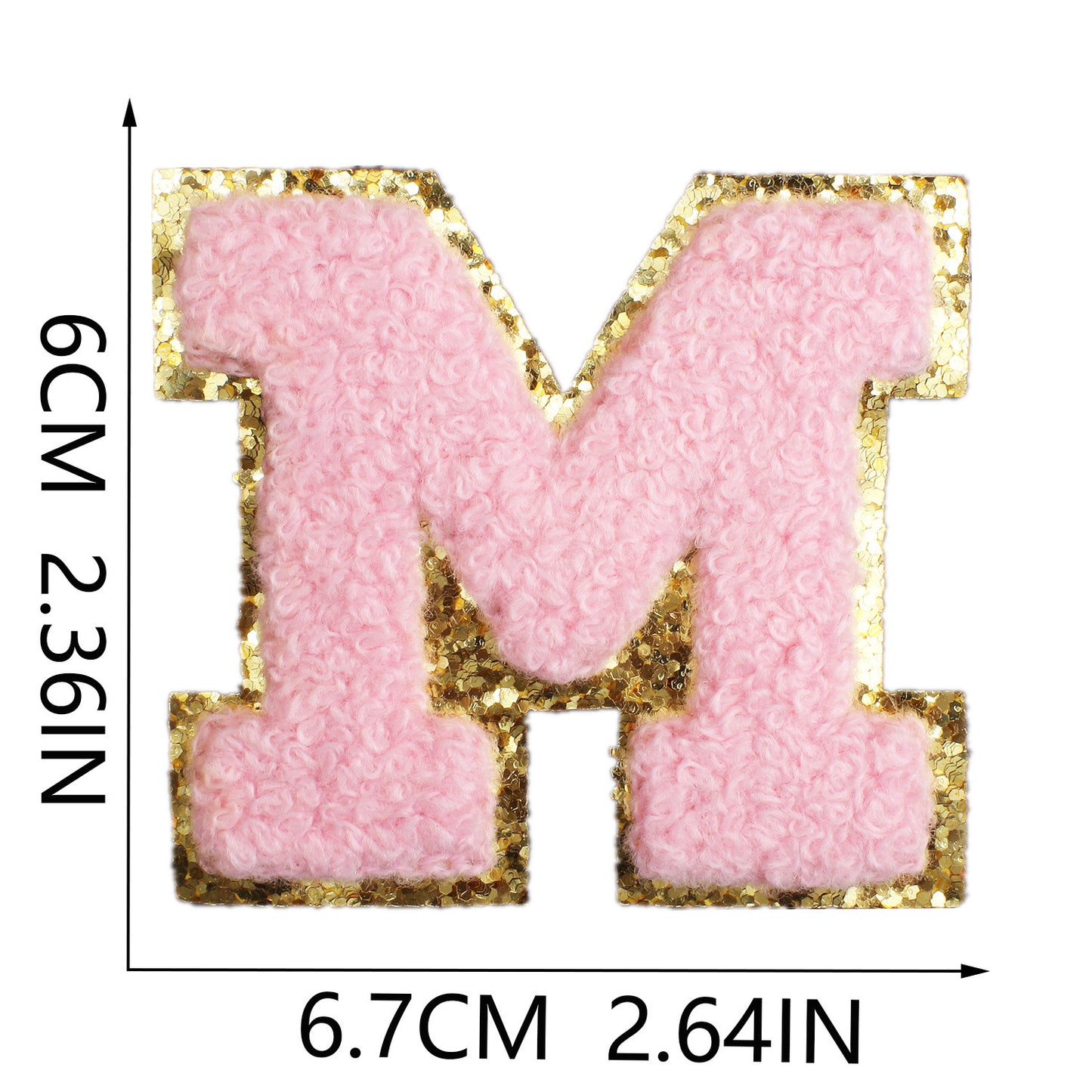 Iron-On Chenille Letter Patch – 6cm Tall, Pink Letter with Gold Glitter Edge