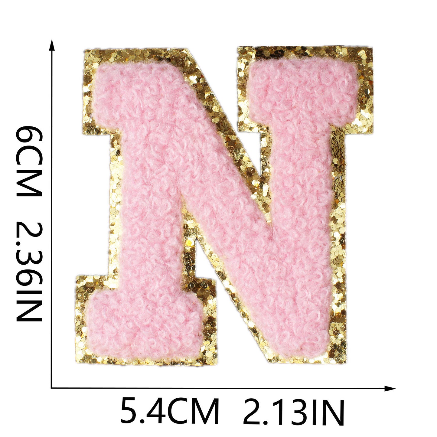 Iron-On Chenille Letter Patch – 6cm Tall, Pink Letter with Gold Glitter Edge