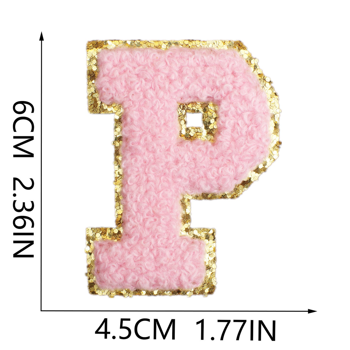 Iron-On Chenille Letter Patch – 6cm Tall, Pink Letter with Gold Glitter Edge