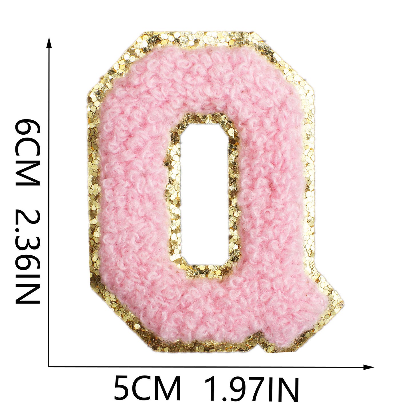 Iron-On Chenille Letter Patch – 6cm Tall, Pink Letter with Gold Glitter Edge