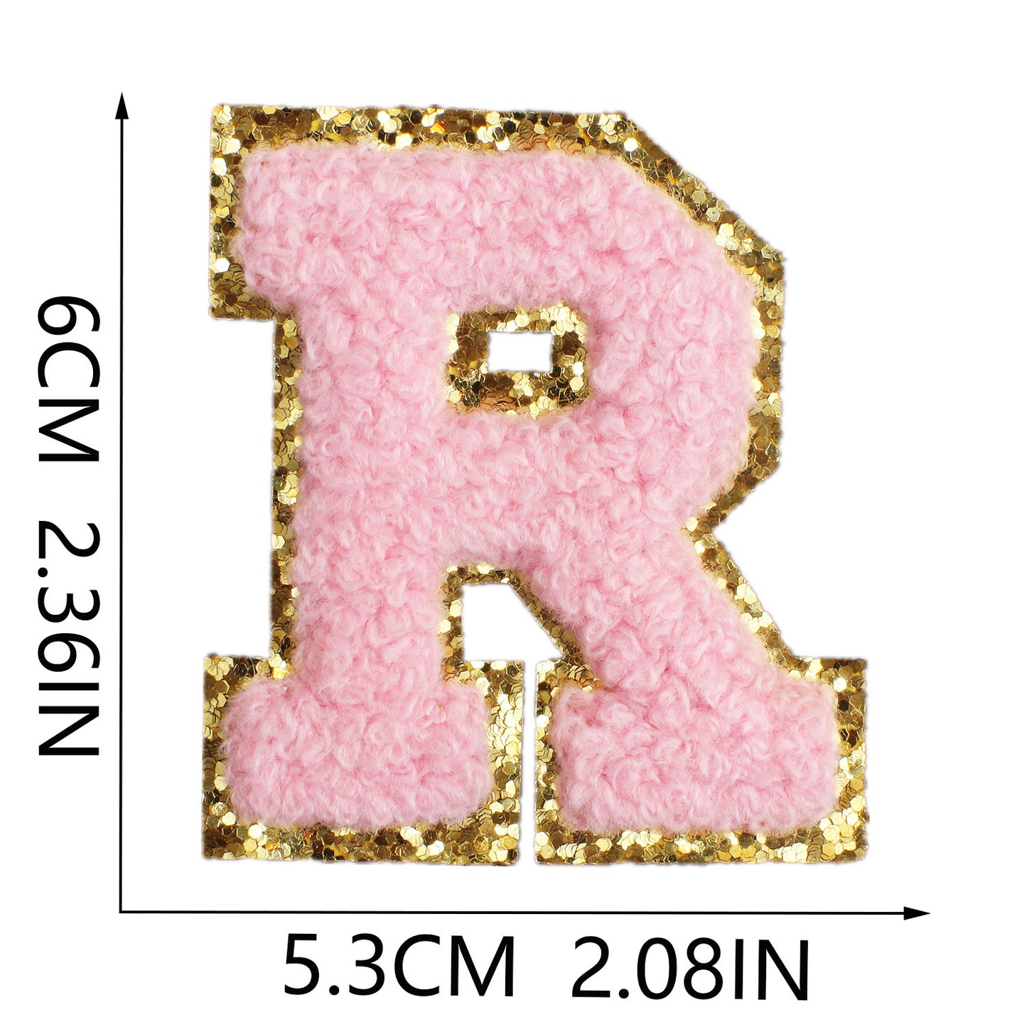 Iron-On Chenille Letter Patch – 6cm Tall, Pink Letter with Gold Glitter Edge