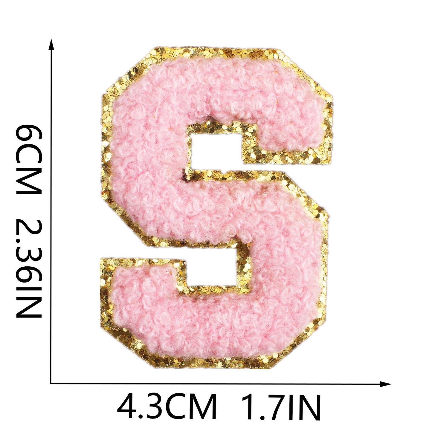 Iron-On Chenille Letter Patch – 6cm Tall, Pink Letter with Gold Glitter Edge