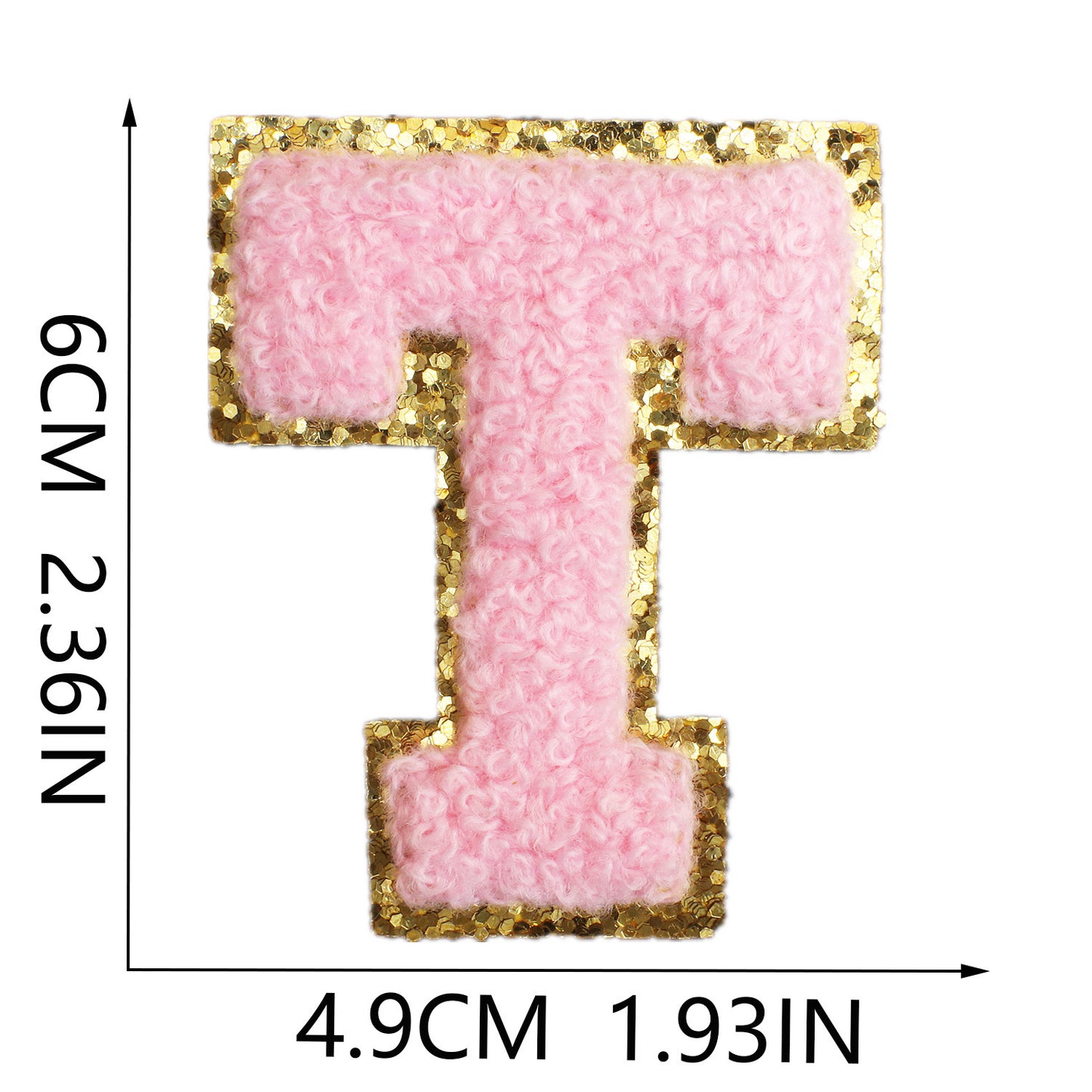 Iron-On Chenille Letter Patch – 6cm Tall, Pink Letter with Gold Glitter Edge