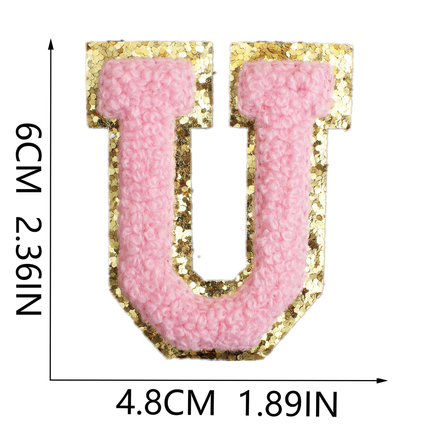 Iron-On Chenille Letter Patch – 6cm Tall, Pink Letter with Gold Glitter Edge
