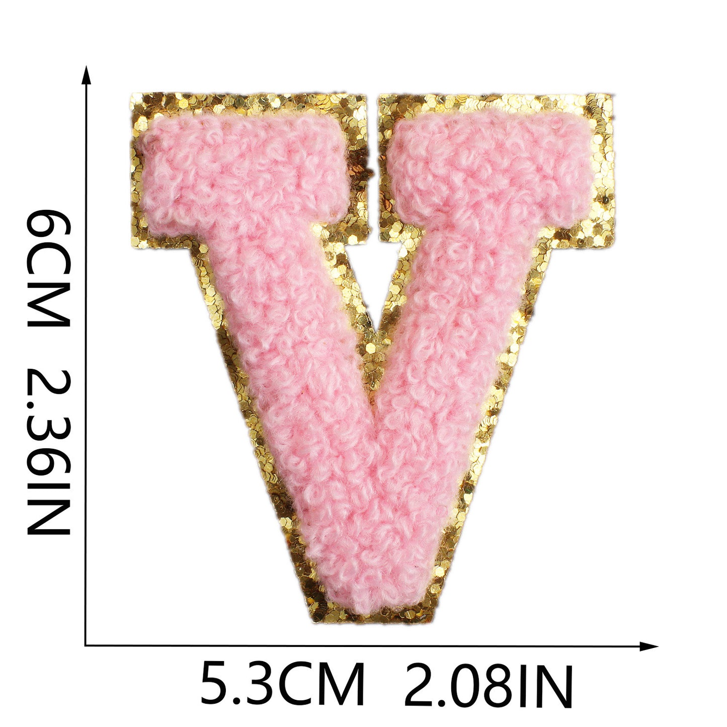 Iron-On Chenille Letter Patch – 6cm Tall, Pink Letter with Gold Glitter Edge