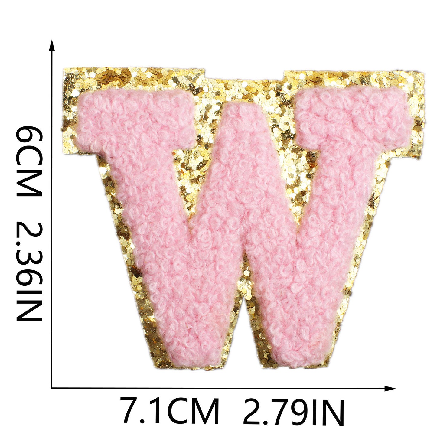 Iron-On Chenille Letter Patch – 6cm Tall, Pink Letter with Gold Glitter Edge