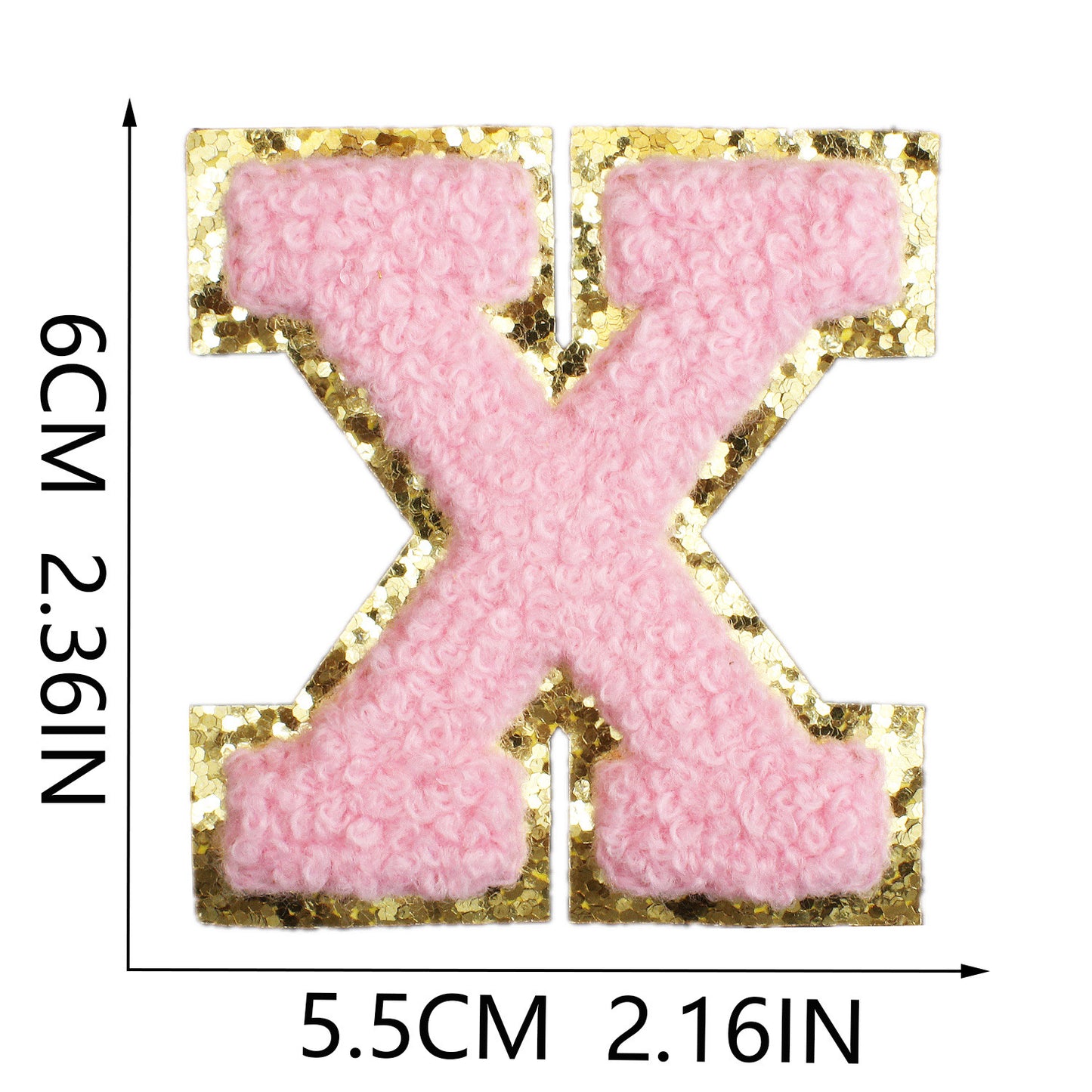 Iron-On Chenille Letter Patch – 6cm Tall, Pink Letter with Gold Glitter Edge
