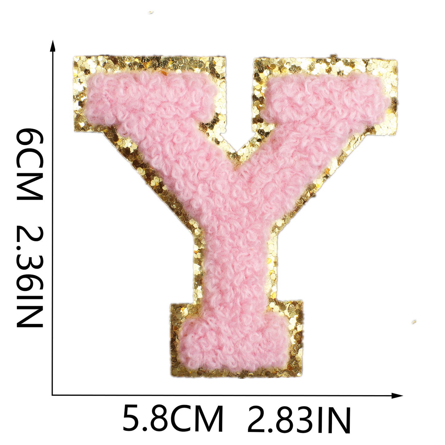 Iron-On Chenille Letter Patch – 6cm Tall, Pink Letter with Gold Glitter Edge