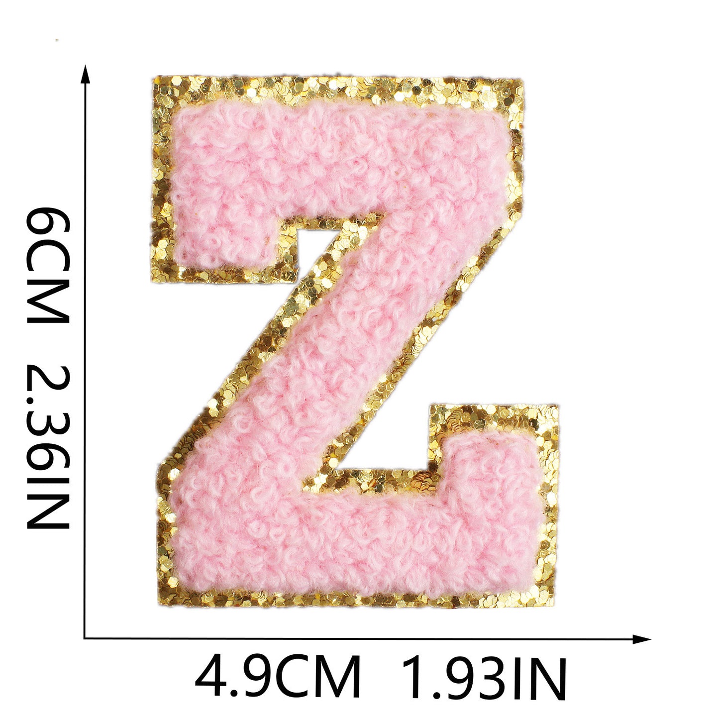 Iron-On Chenille Letter Patch – 6cm Tall, Pink Letter with Gold Glitter Edge