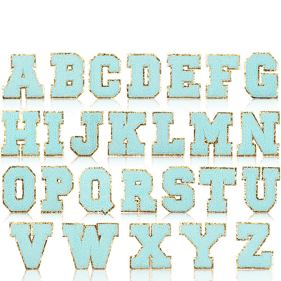 Iron-On Chenille Letter Patch – 6cm Tall, Aqua Blue Letter with Gold Glitter Edge