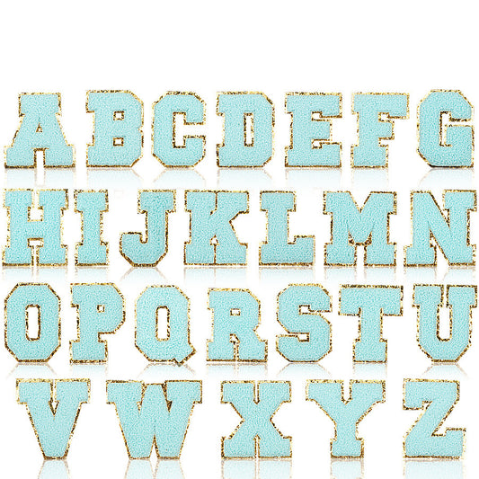 Iron-On Chenille Letter Patch – 6cm Tall, Aqua Blue Letter with Gold Glitter Edge