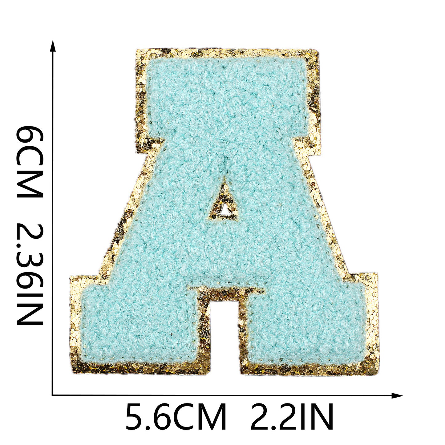 Iron-On Chenille Letter Patch – 6cm Tall, Aqua Blue Letter with Gold Glitter Edge