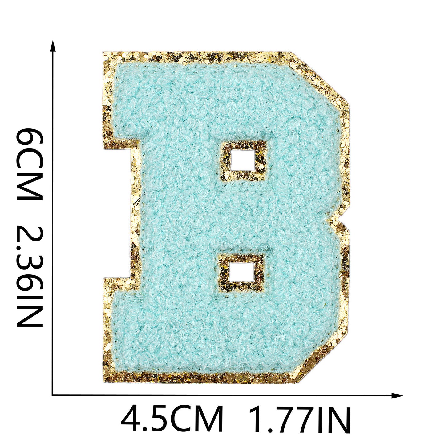 Iron-On Chenille Letter Patch – 6cm Tall, Aqua Blue Letter with Gold Glitter Edge