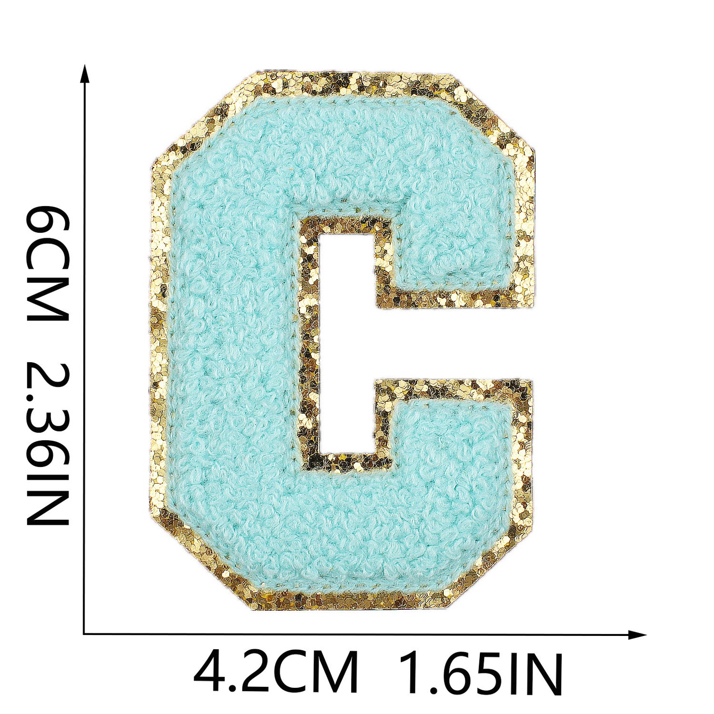 Iron-On Chenille Letter Patch – 6cm Tall, Aqua Blue Letter with Gold Glitter Edge