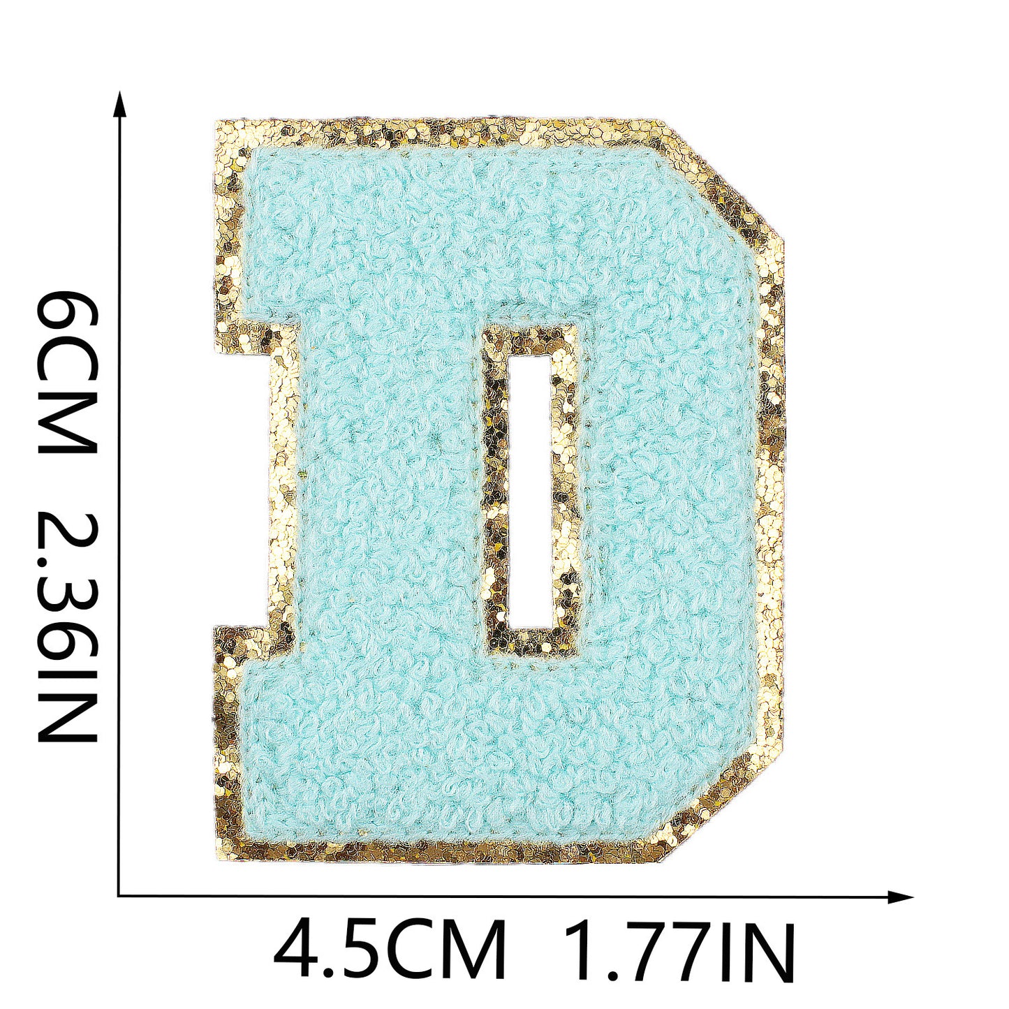 Iron-On Chenille Letter Patch – 6cm Tall, Aqua Blue Letter with Gold Glitter Edge