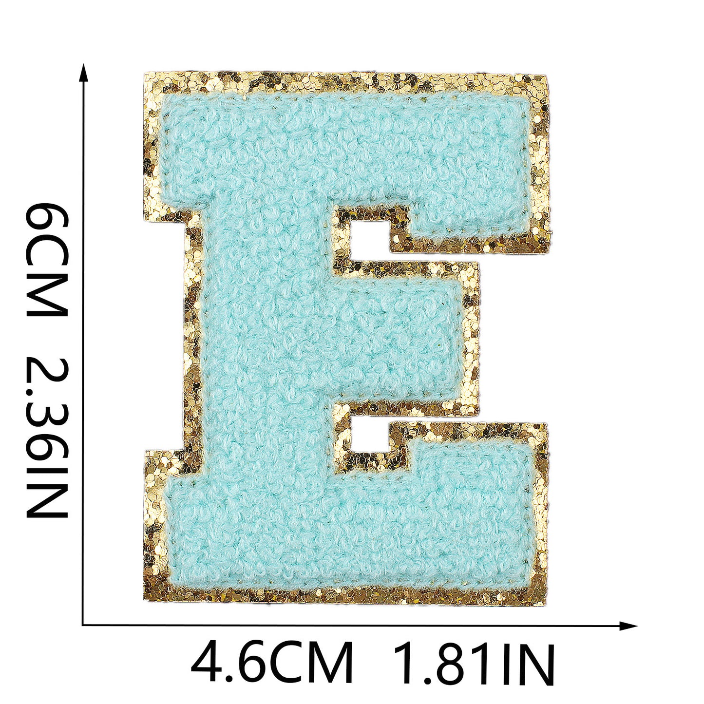 Iron-On Chenille Letter Patch – 6cm Tall, Aqua Blue Letter with Gold Glitter Edge