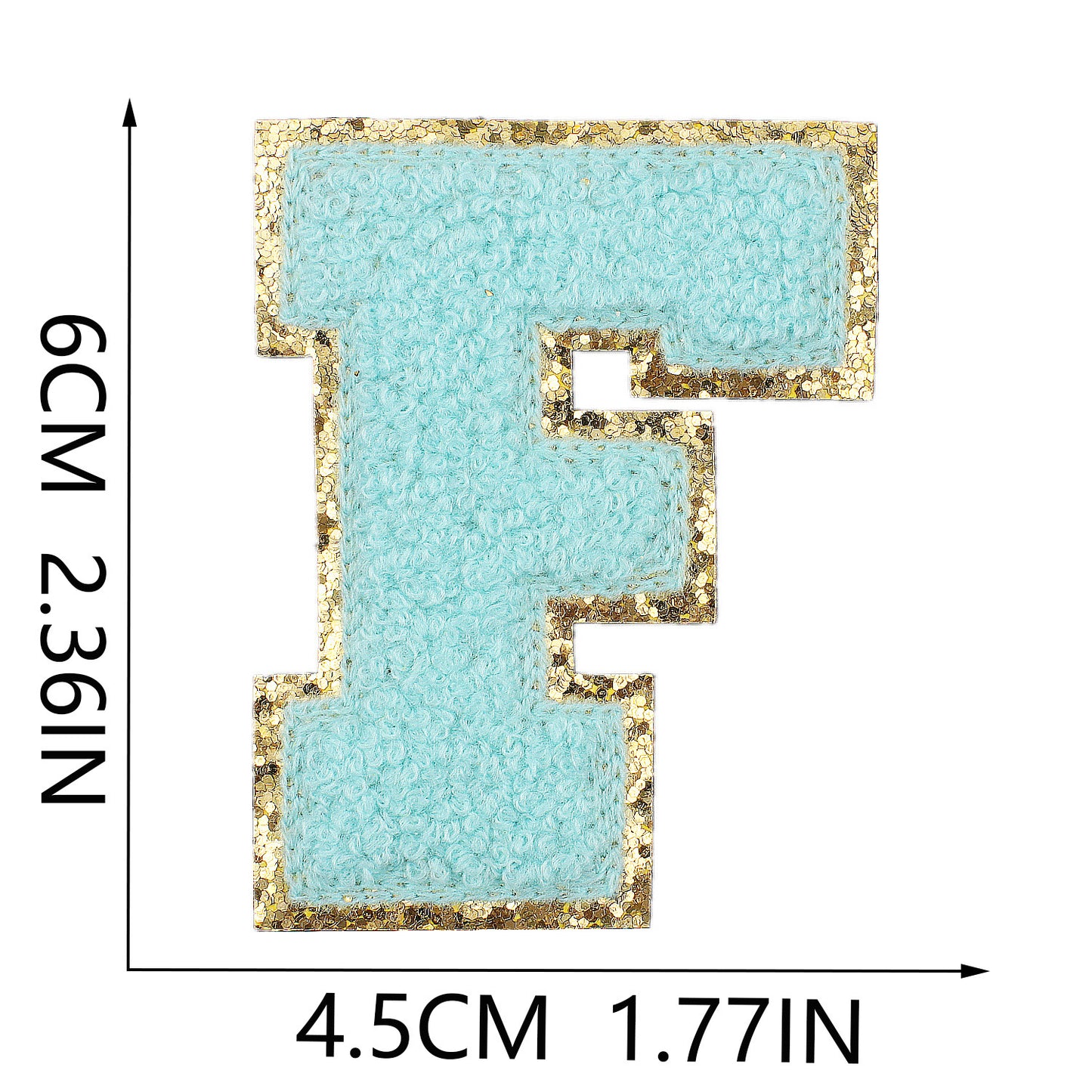 Iron-On Chenille Letter Patch – 6cm Tall, Aqua Blue Letter with Gold Glitter Edge