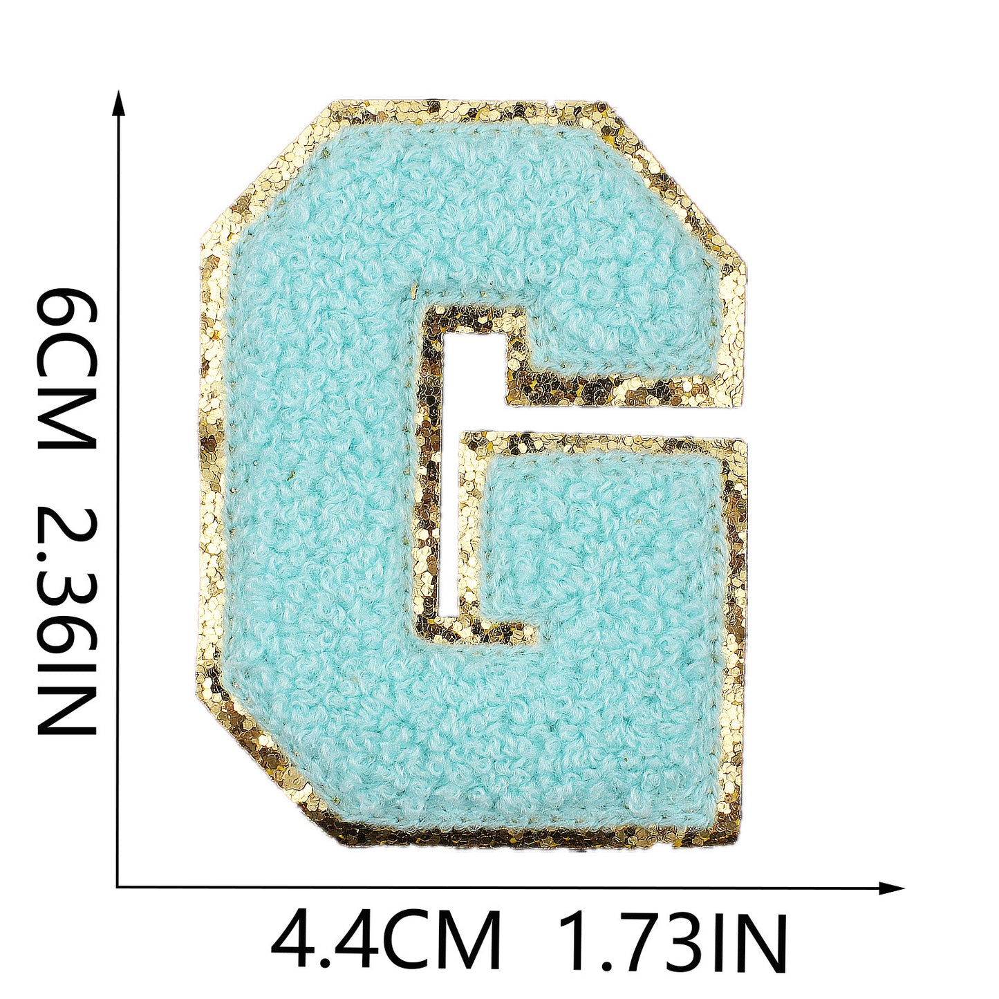 Iron-On Chenille Letter Patch – 6cm Tall, Aqua Blue Letter with Gold Glitter Edge